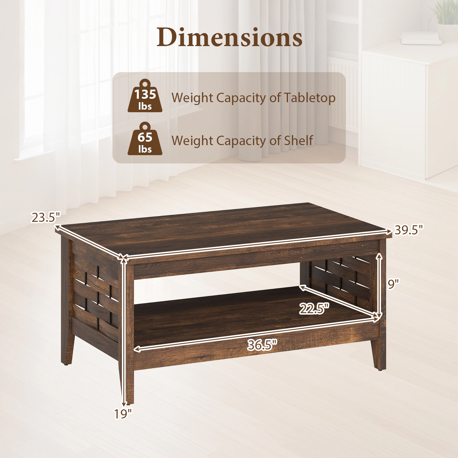 SUGIFT 2-Tier Woven Lattice Open Shelf Farmhouse Coffee Table 39.5-in x 23.5-in x 19-in 135-lb Capacity Rustic Brown