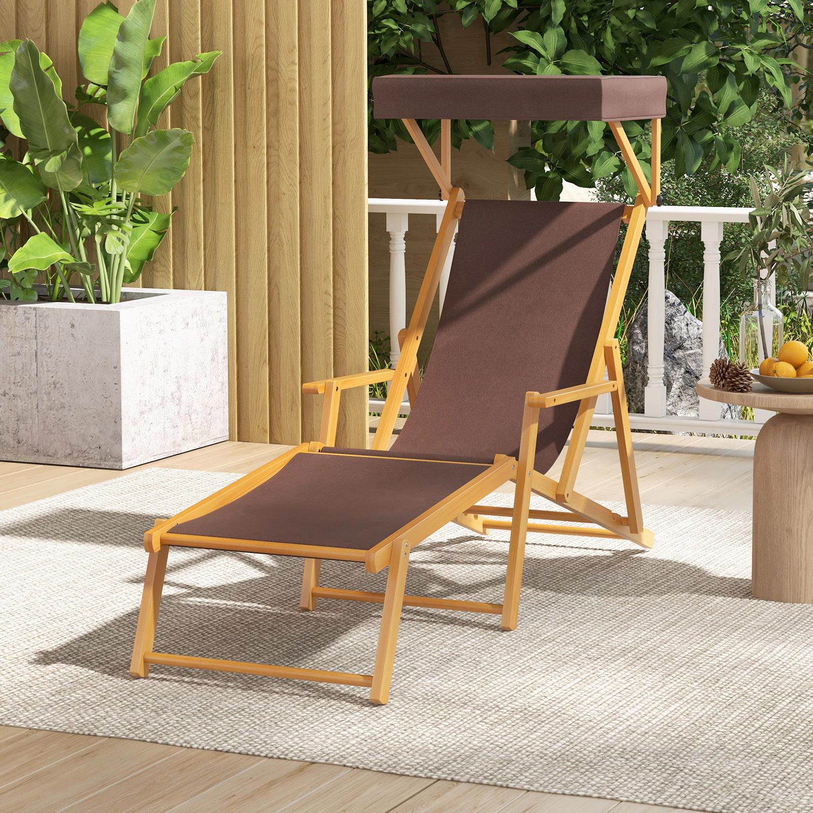 SUGIFT Foldable Birch Wood Chaise Lounge Beach Chair Adjustable Canopy 220-lb Capacity Brown+Natural with Replacements