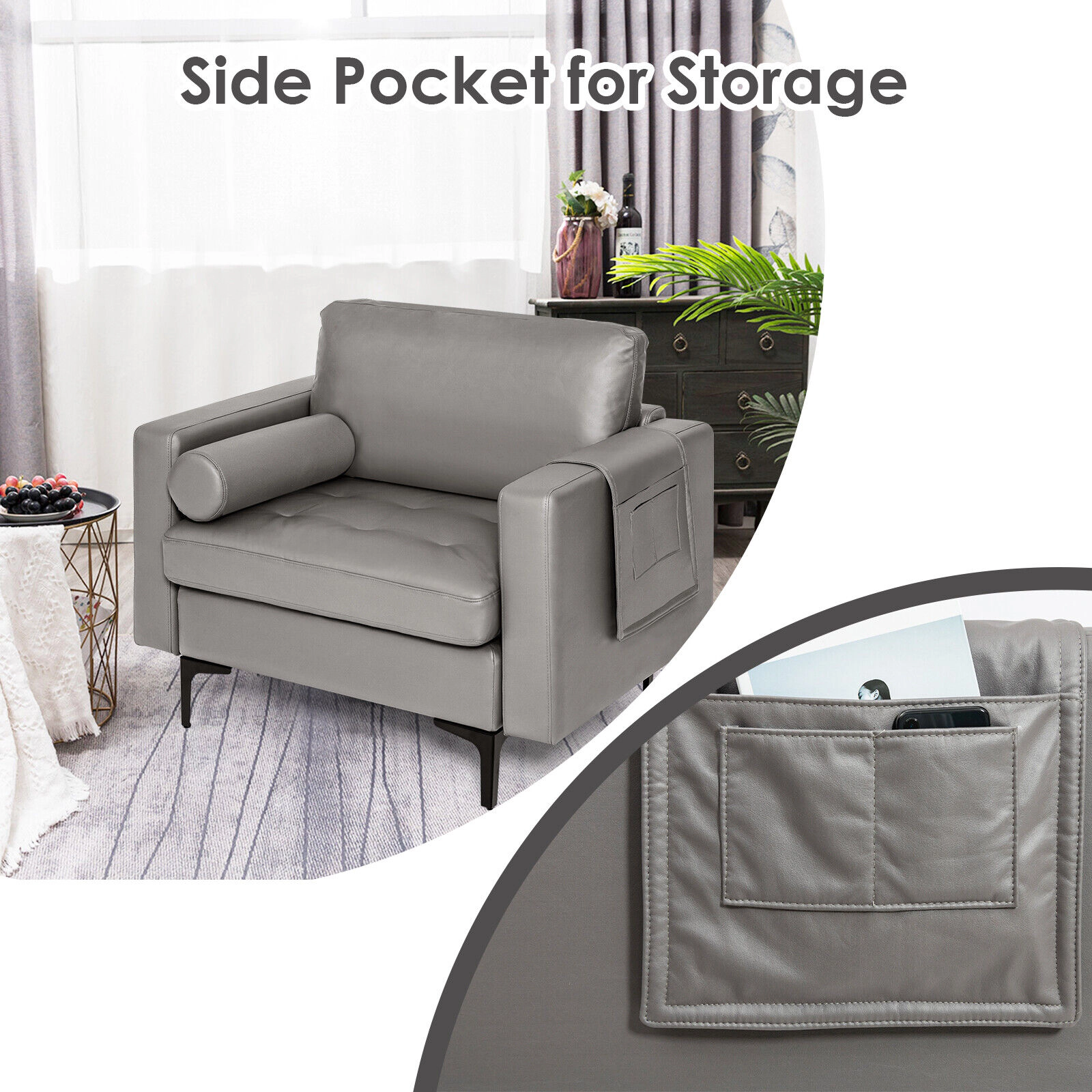 SUGIFT 660-lb Capacity 29.5-in Seat Oversized Accent Chair with Bolster Armrest Caddy and Storage Pocket