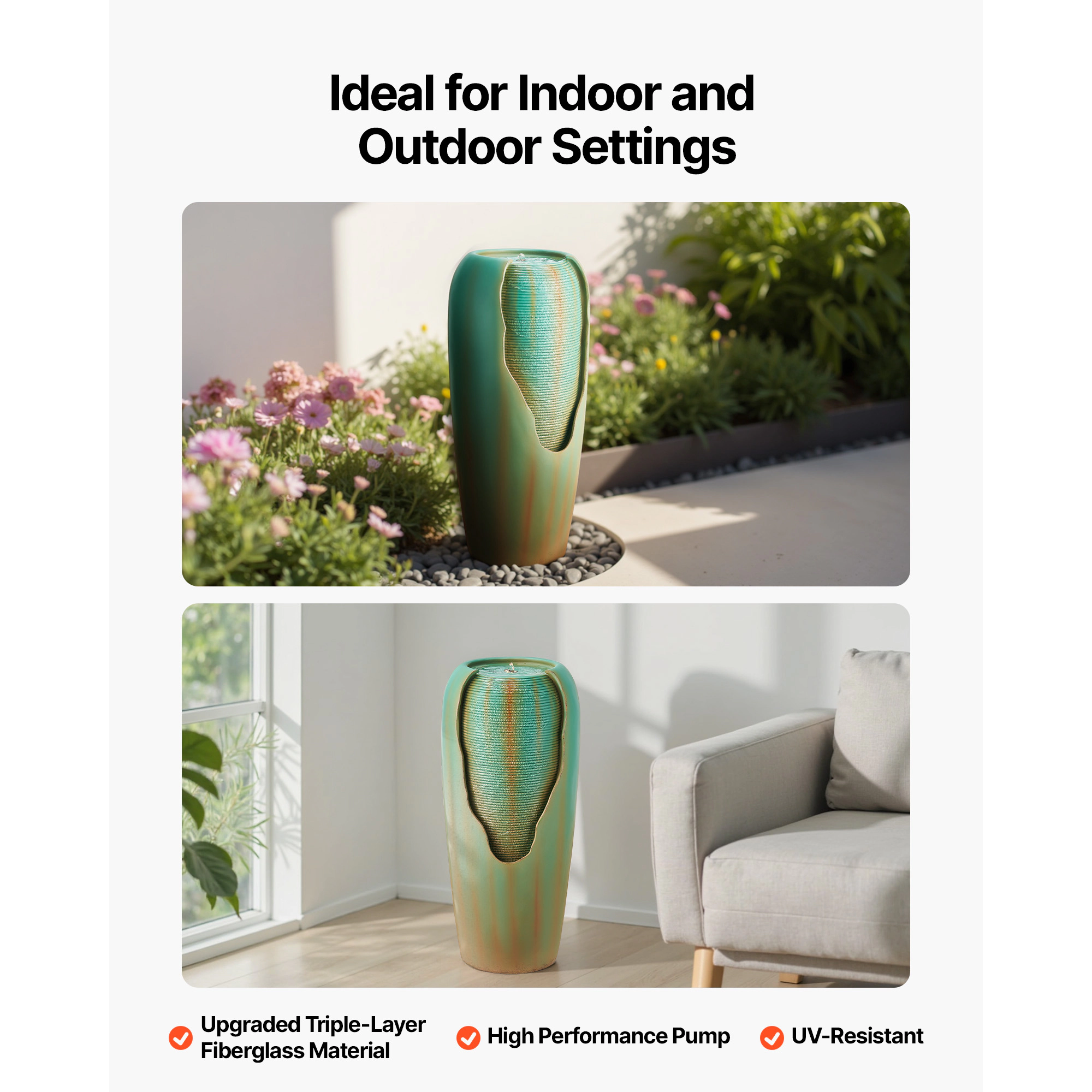 HONGGE 1-Tier Glazed Jar Outdoor Water Fountain with LED Light, 30.7 in Resin Waterfall for Garden & Patio