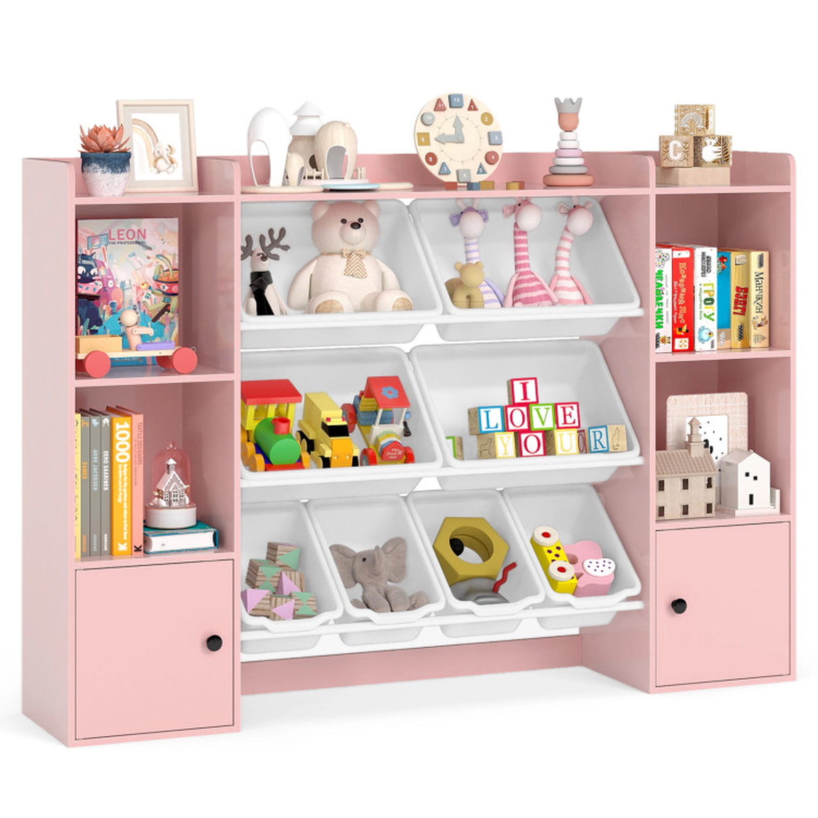 SUGIFT Kids Toy Storage Cabinet and Bookshelf Toy Organizer 385-lb Capacity Ages 3+ with Boxes and Open Shelves Pink