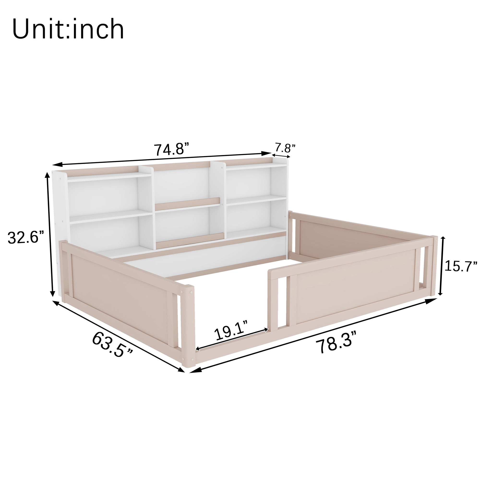 Flynama Full Wooden Floor Bed with Guardrail & Side Shelves, Space-Saving Kids Bed, Nude White