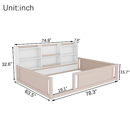Flynama Full Wooden Floor Bed with Guardrail & Side Shelves, Space-Saving Kids Bed, Nude White