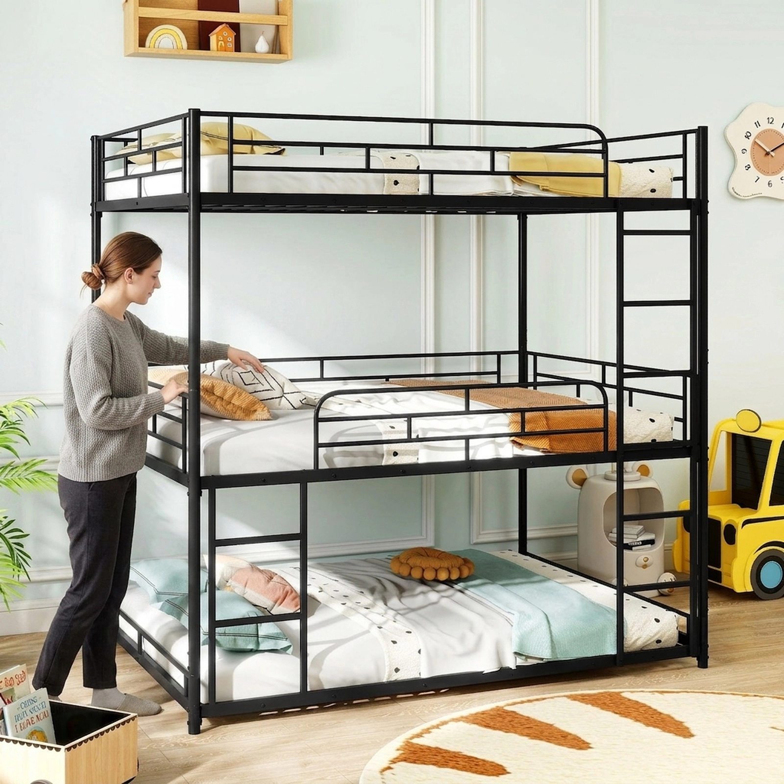 SUGIFT Metal Triple Bunk Bed, Full Size, Black, 2 Ladders and Guardrails
