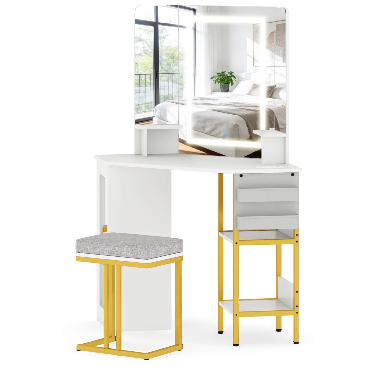 Hivvago Corner Vanity Desk With Mirror And Lights Makeup Dressing Table With Triple Mirror