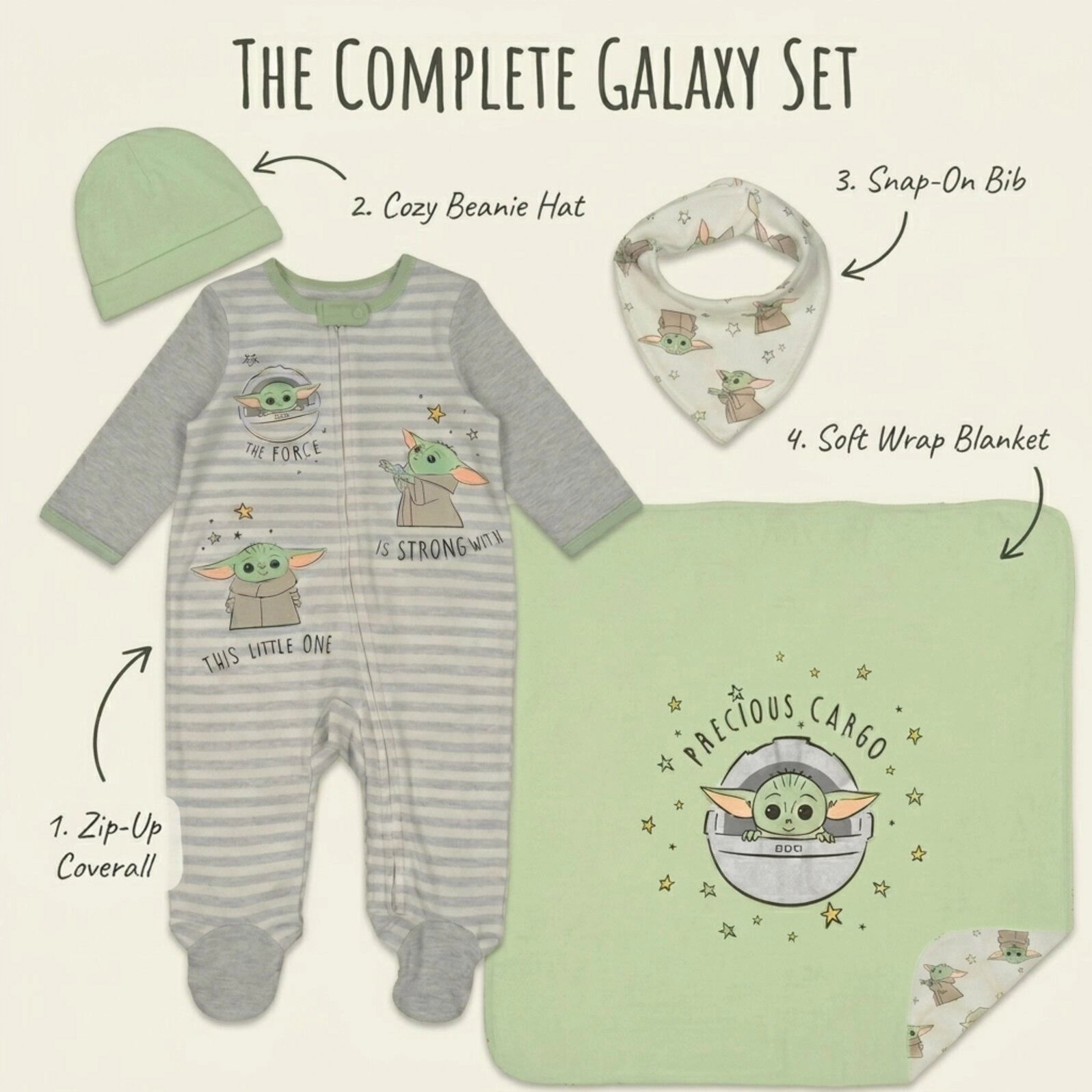 Star Wars The Mandalorian Grogu Baby Boy or Girl Shower 4-Piece Coverall and Accessory Set