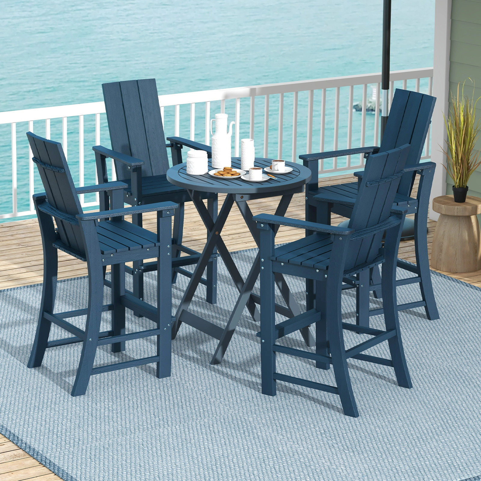 SUGIFT Tall Adirondack Outdoor Bar Chair Stool with Ergonomic High Backrest 330-lb Capacity Blue