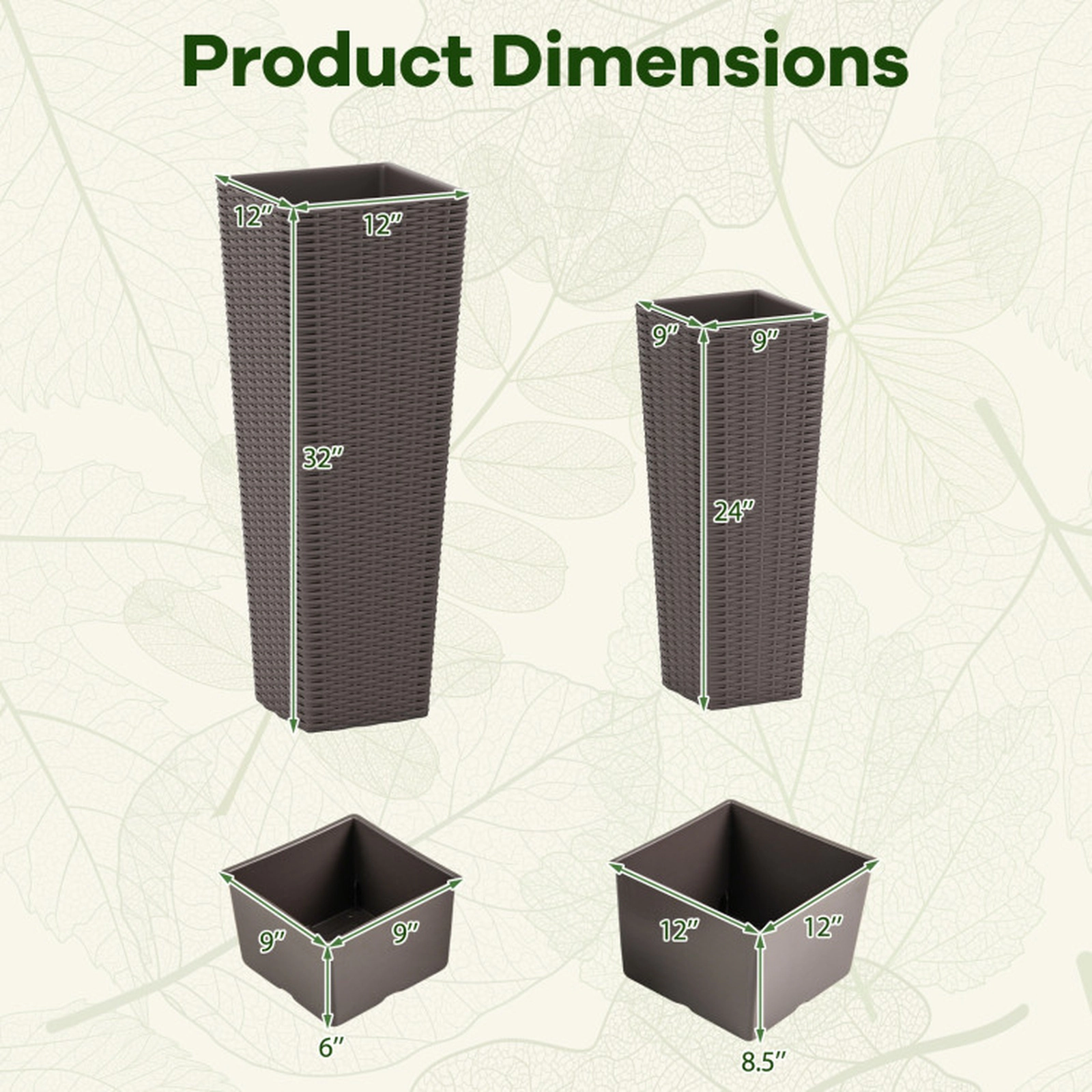 SUGIFT Set of 2 Rattan-Style Tall Tapered Planters with Inner Trays 32-in and 24-in Outdoor Flowerpots Black/Coffee