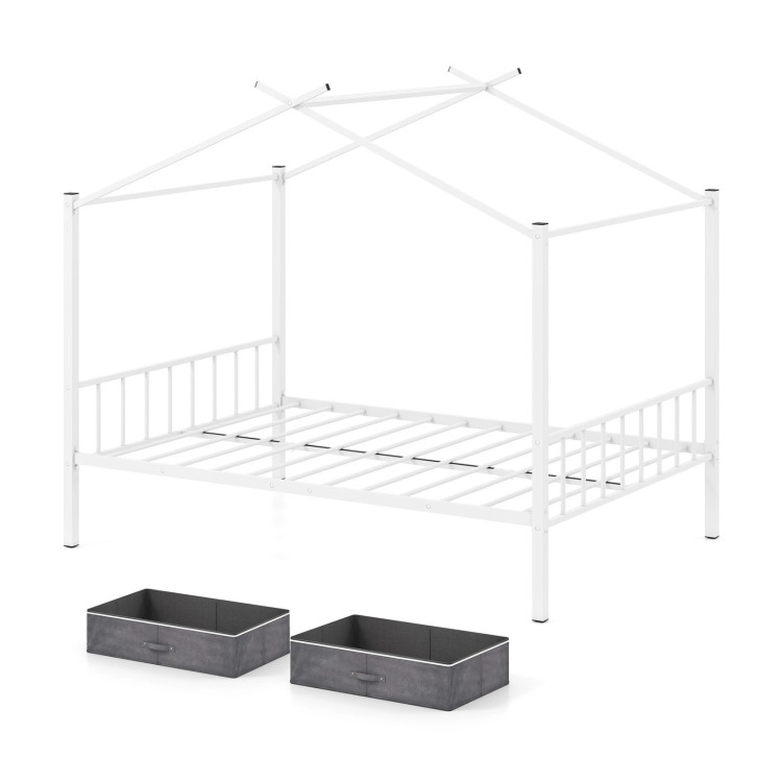 SUGIFT Full Size Metal House Bed Frame with 12 Metal Slats and 2 Fabric Drawers 660-lb Capacity Toddler Bed White/Black