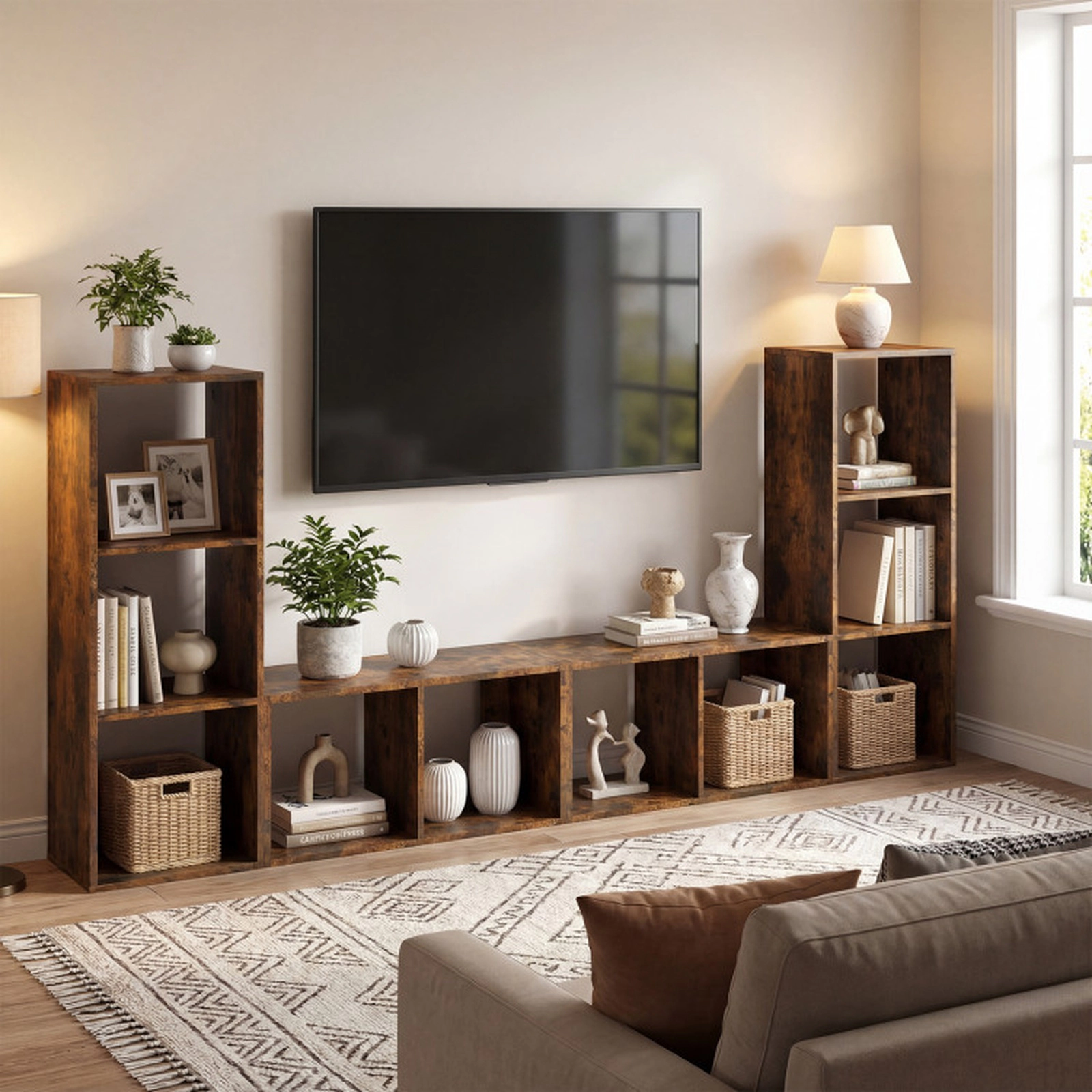SUGIFT 2-Cube Engineered Wood Bookcase with Back Guardrail 110-lb Capacity 27.5-in Tall 14 x 13 x 27.5 in Rustic Brown