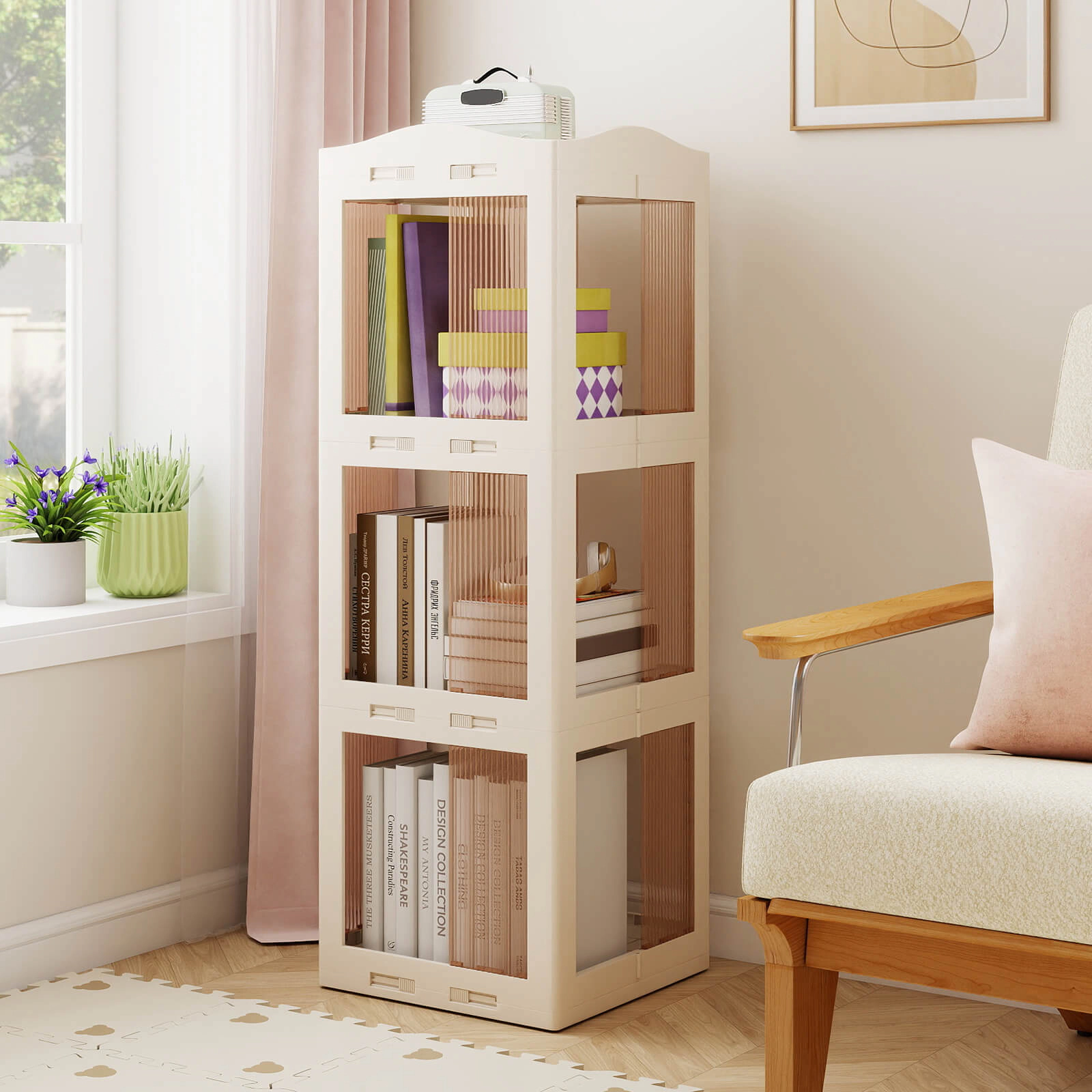 Costway 360° Spinning Bookcase with Swivel Base, 3-Tier Revolving Bookshelf Tower for Study White