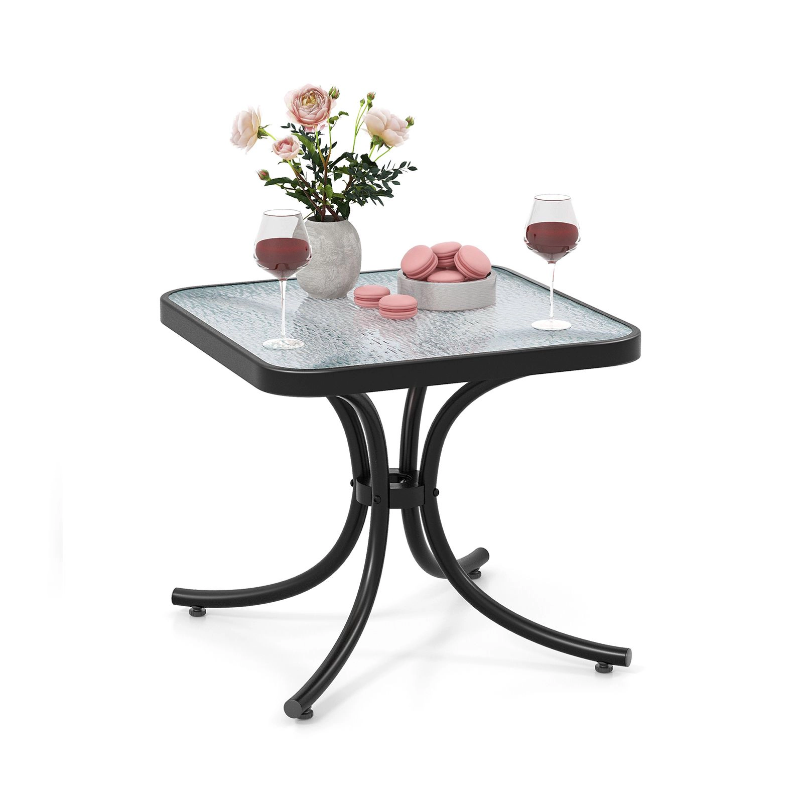 SlickBlue Outdoor Side Table with Tempered Glass Top and Metal Frame