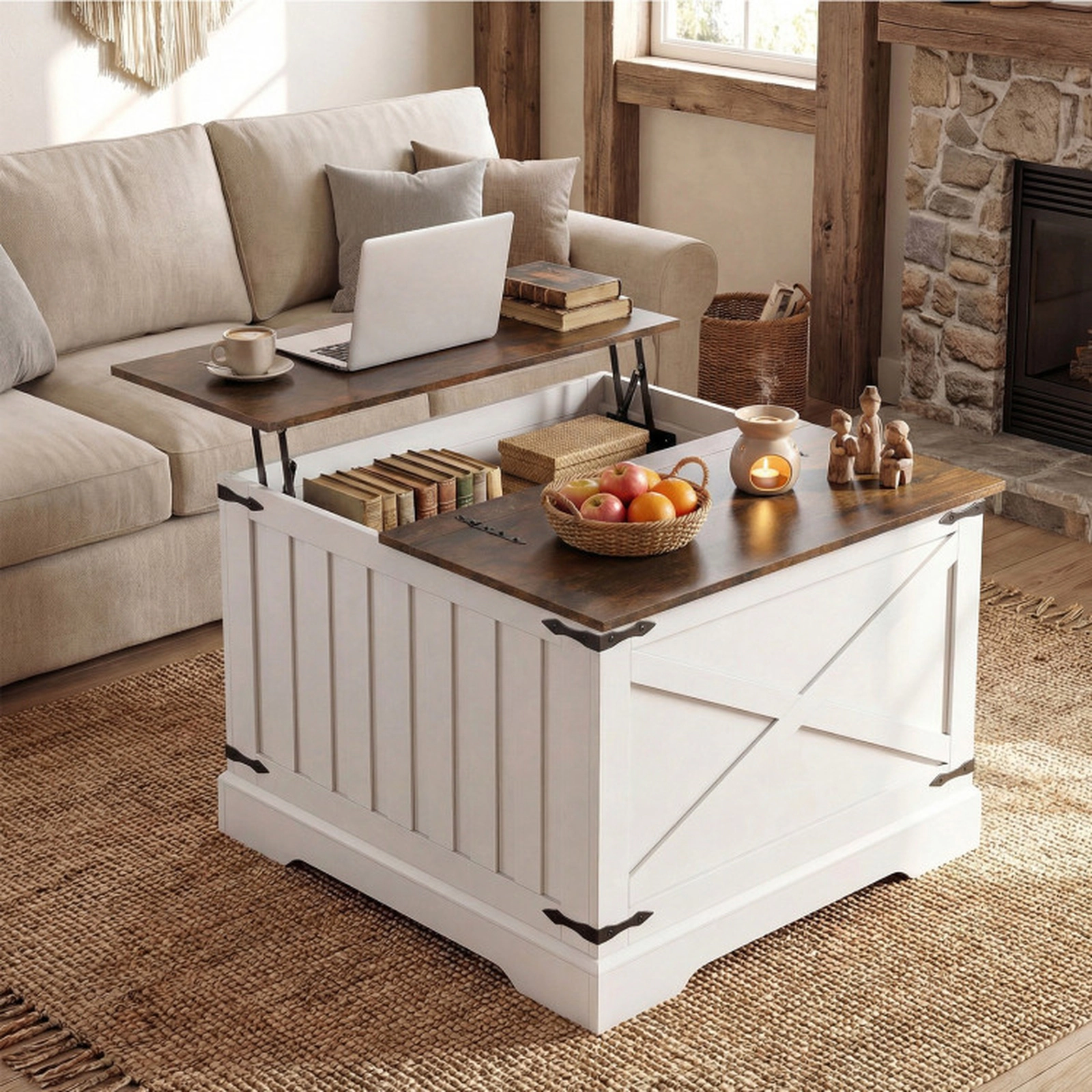 SUGIFT Farmhouse Lift Top Coffee Table with Hidden Storage Compartment Rustic Brown