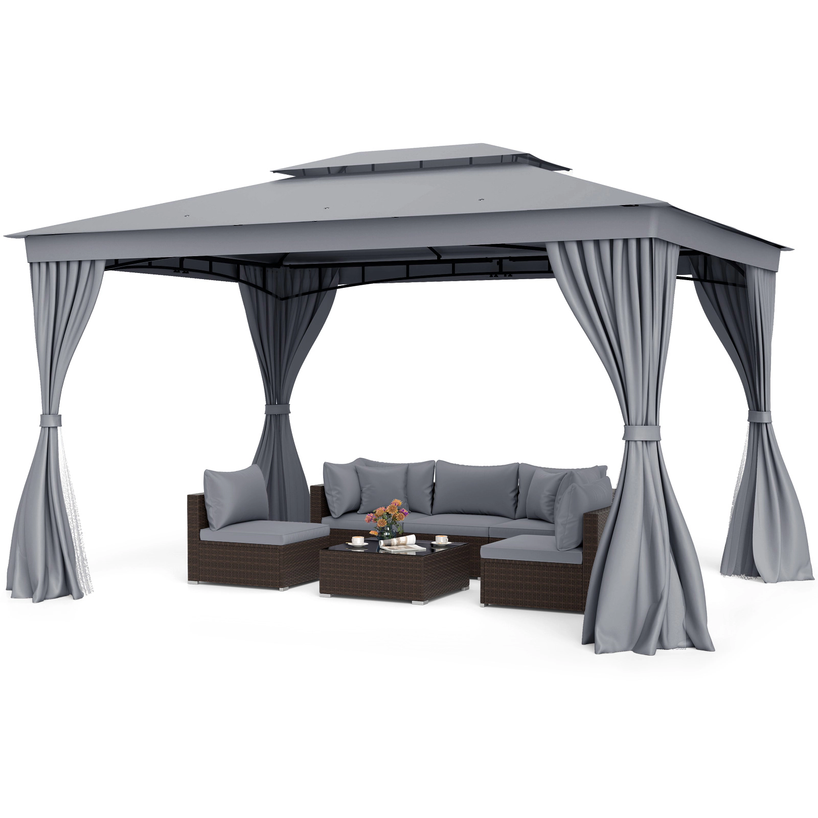 SUGIFT 10-ft x 13-ft Coffee Patio Gazebo with Privacy Curtains Mesh Netting and Vented Double Roof
