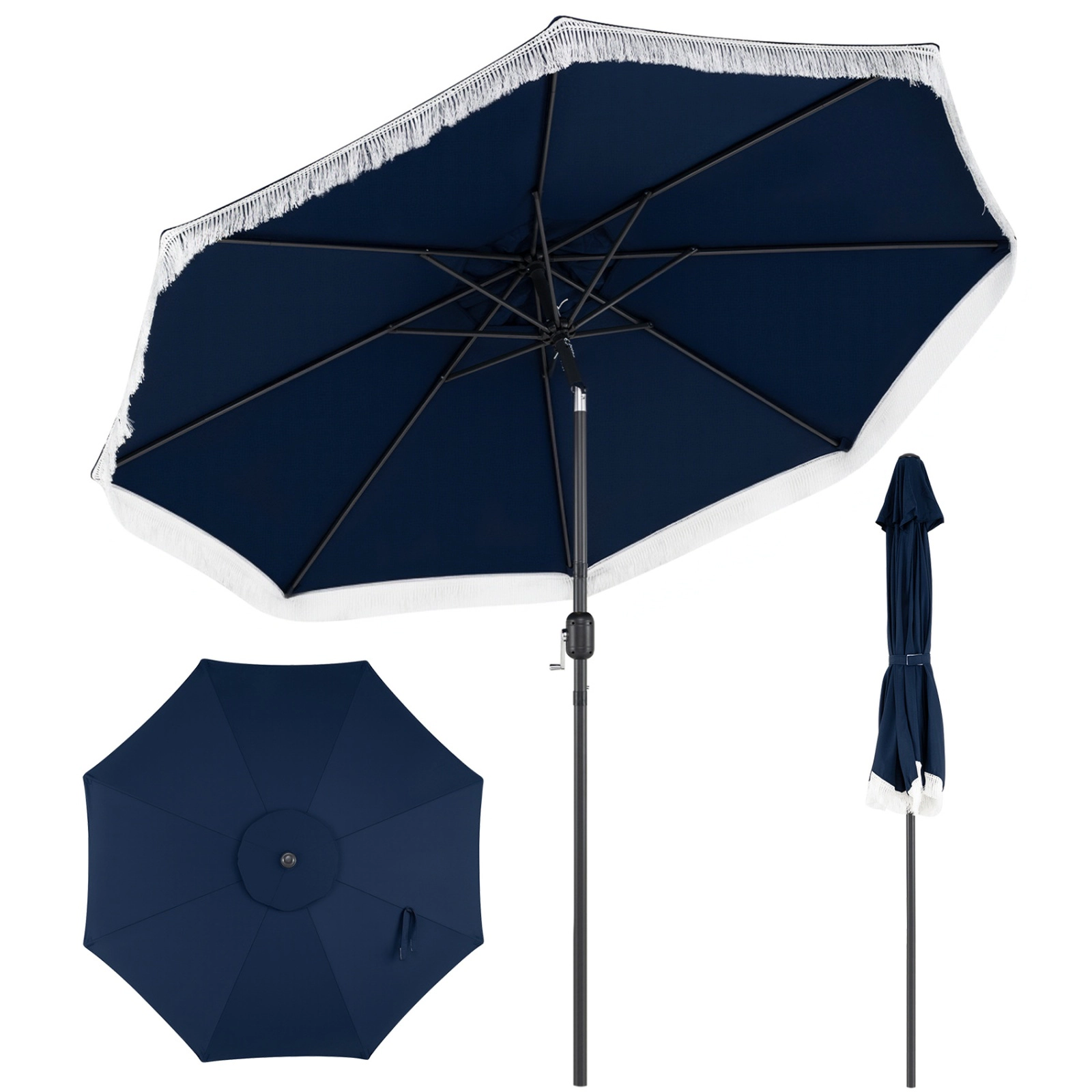 SUGIFT 9-ft Navy Patio Umbrella with Tassel Fringe Scalloped Canopy 25-Degree Tilt Safety Latch and 8 Ribs