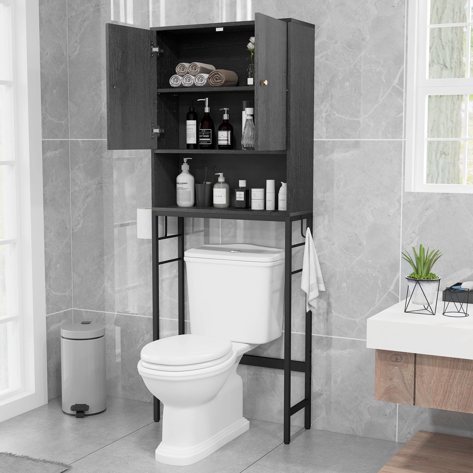 SUGIFT Over the Toilet Storage Cabinet Black with 2 Doors Side Hooks and Adjustable Shelf