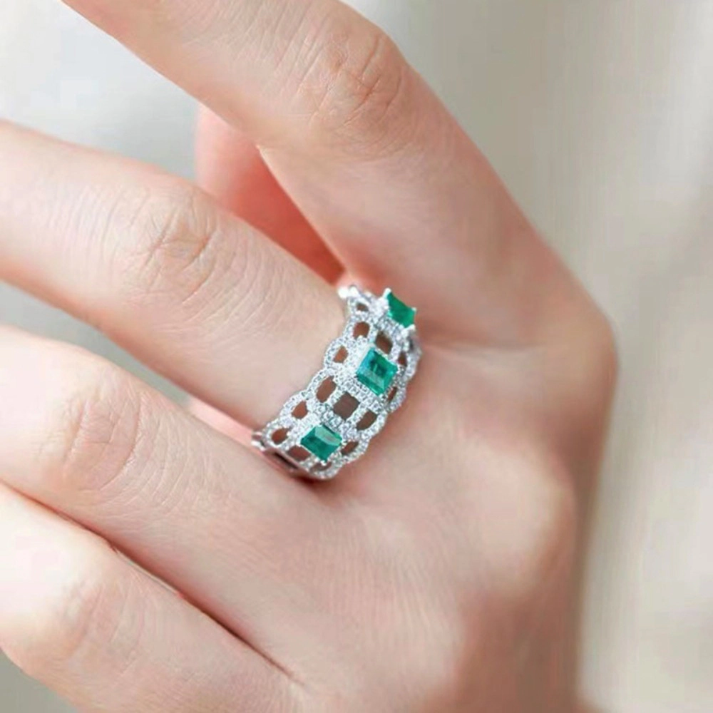 Luxury Green Synthetic Gemstone Hollow Wide Ring