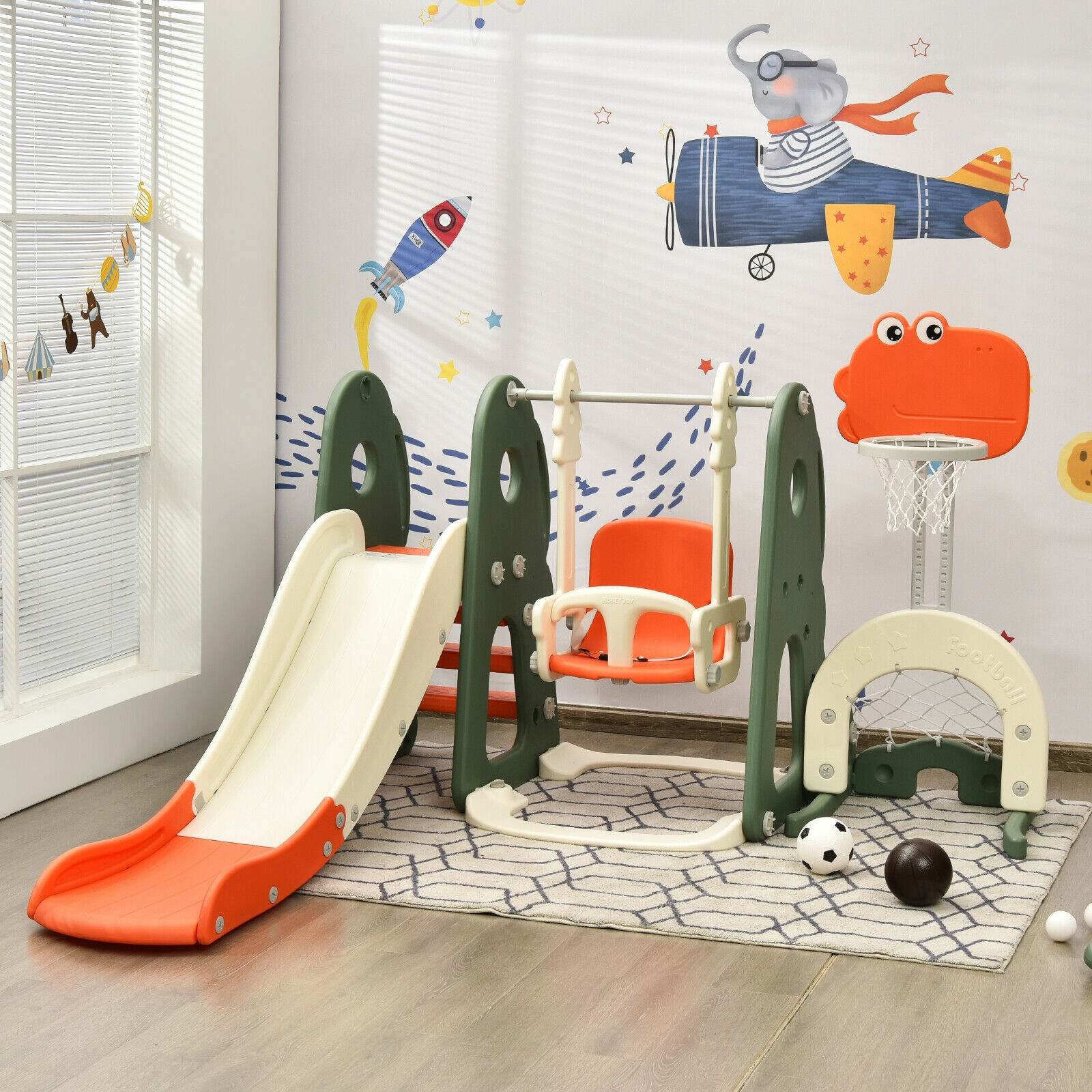 SUGIFT 6-in-1 44-lb Capacity Toddler Slide and Swing Set with Basketball Hoop Football Gate and Golf Hole