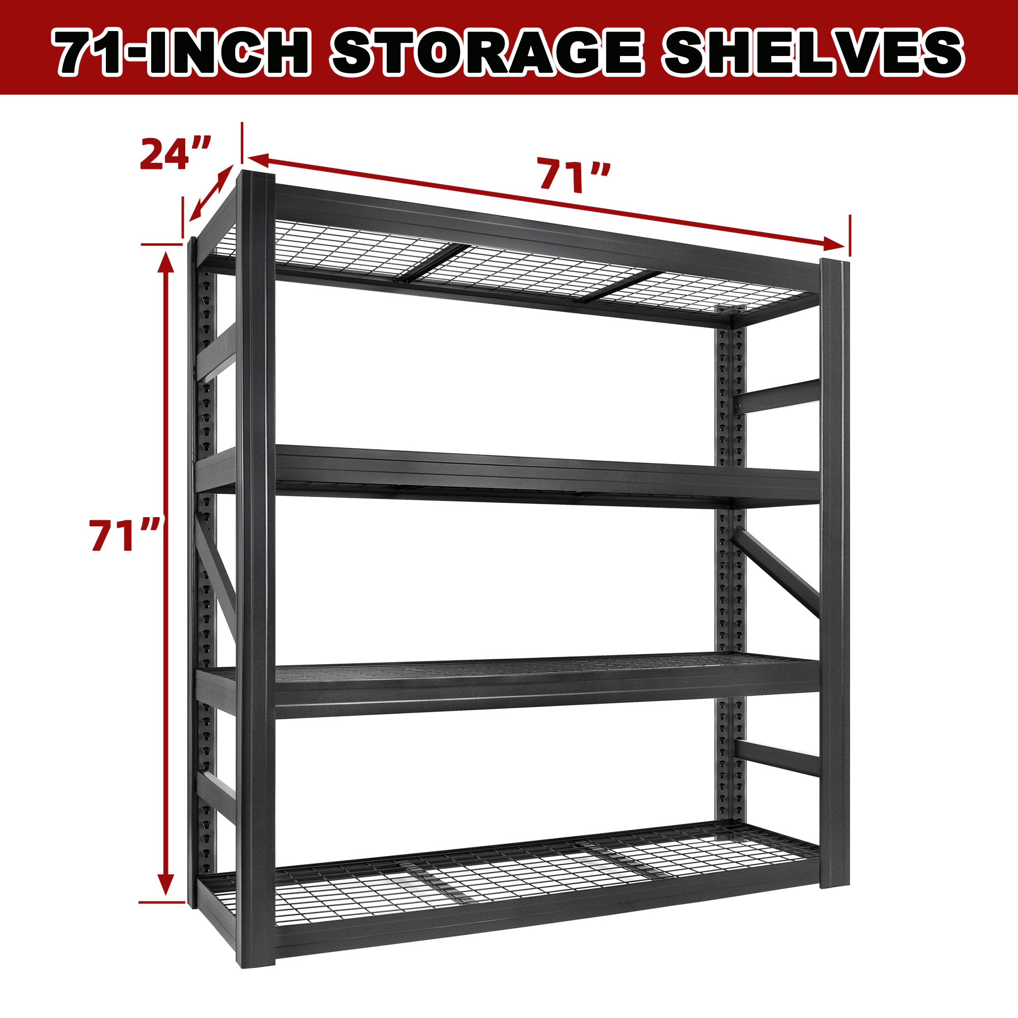 Flynama 4 Tiers Steel Industrial Duty Adjustable Garage Storage Shelving Unit in Black (71 in. W x 71 in. H x 24 in. D)