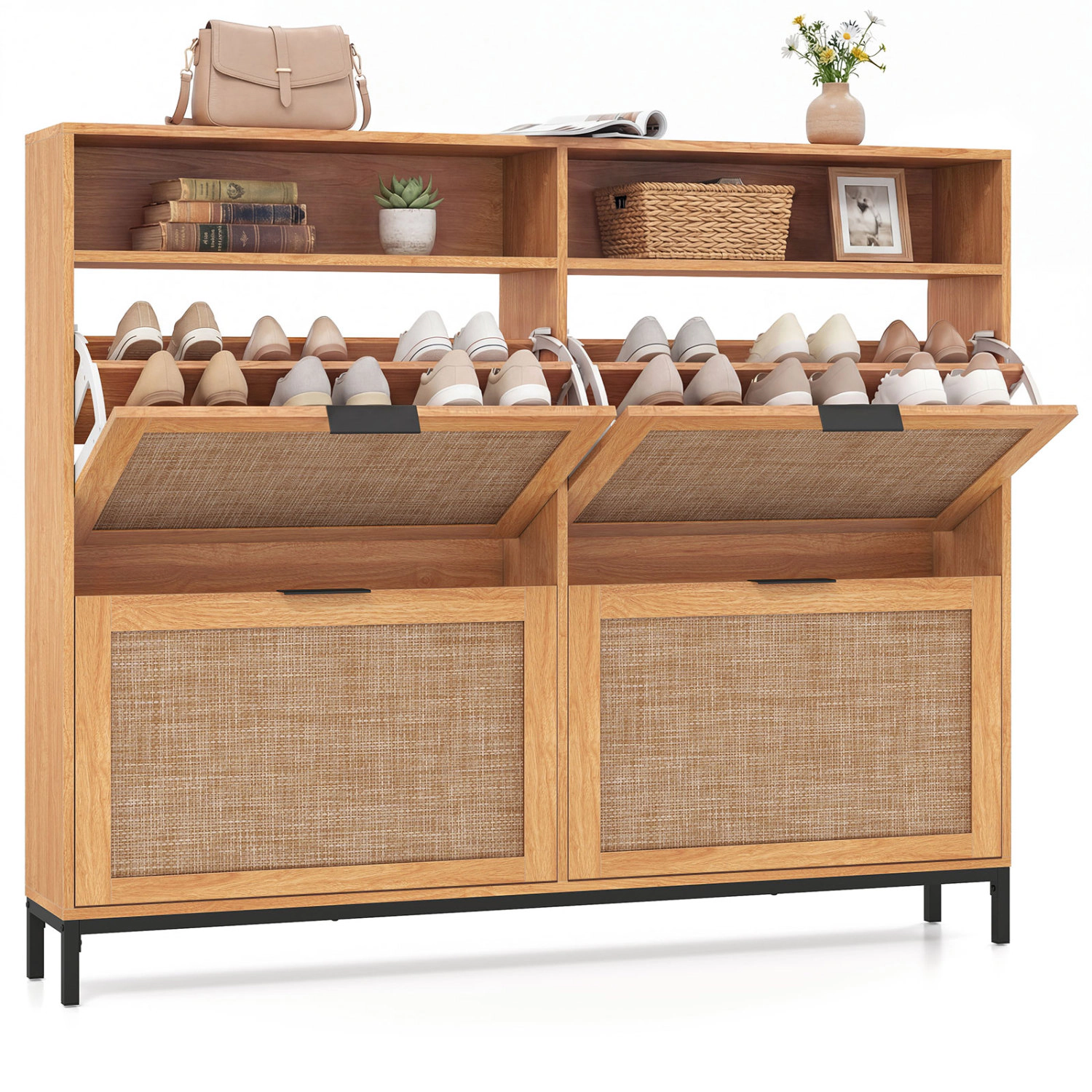 Glintex 55-Inch Wide Shoe Cabinet with 4 Flip Drawers and Rattan-Look Doors