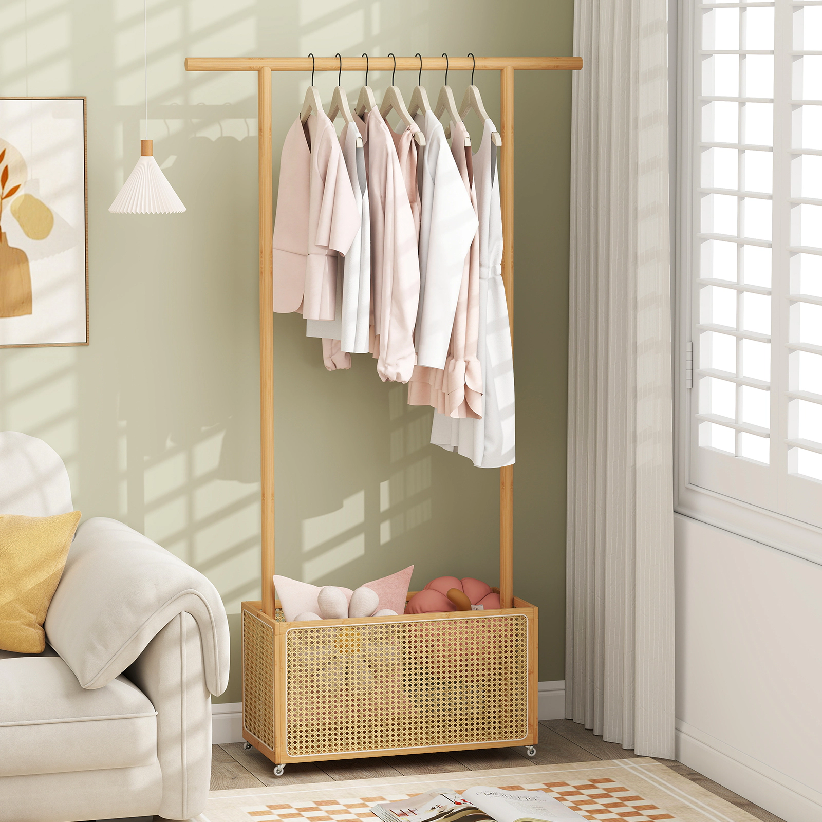 SUGIFT Bamboo Clothes Rack with Rattan Storage Basket and Wheels 45-lb Rod 65-lb Basket Capacity Natural & Brown