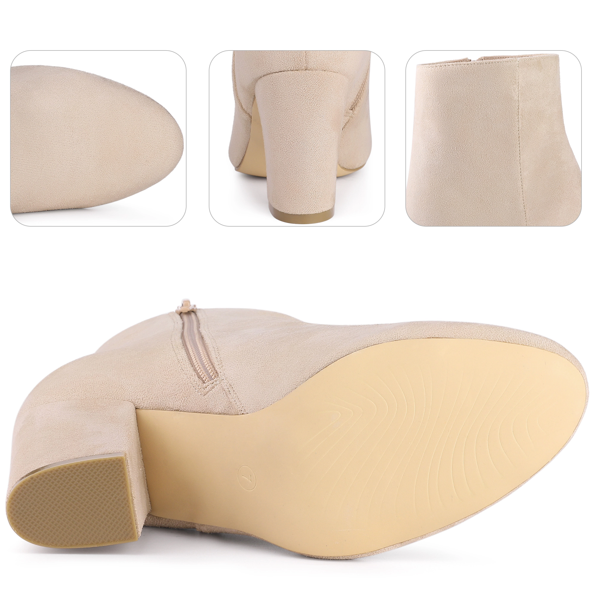 BLISSFUL STEP Women Faux Suede Round Toe Chunky High Heels Side Zip Ankle Boots