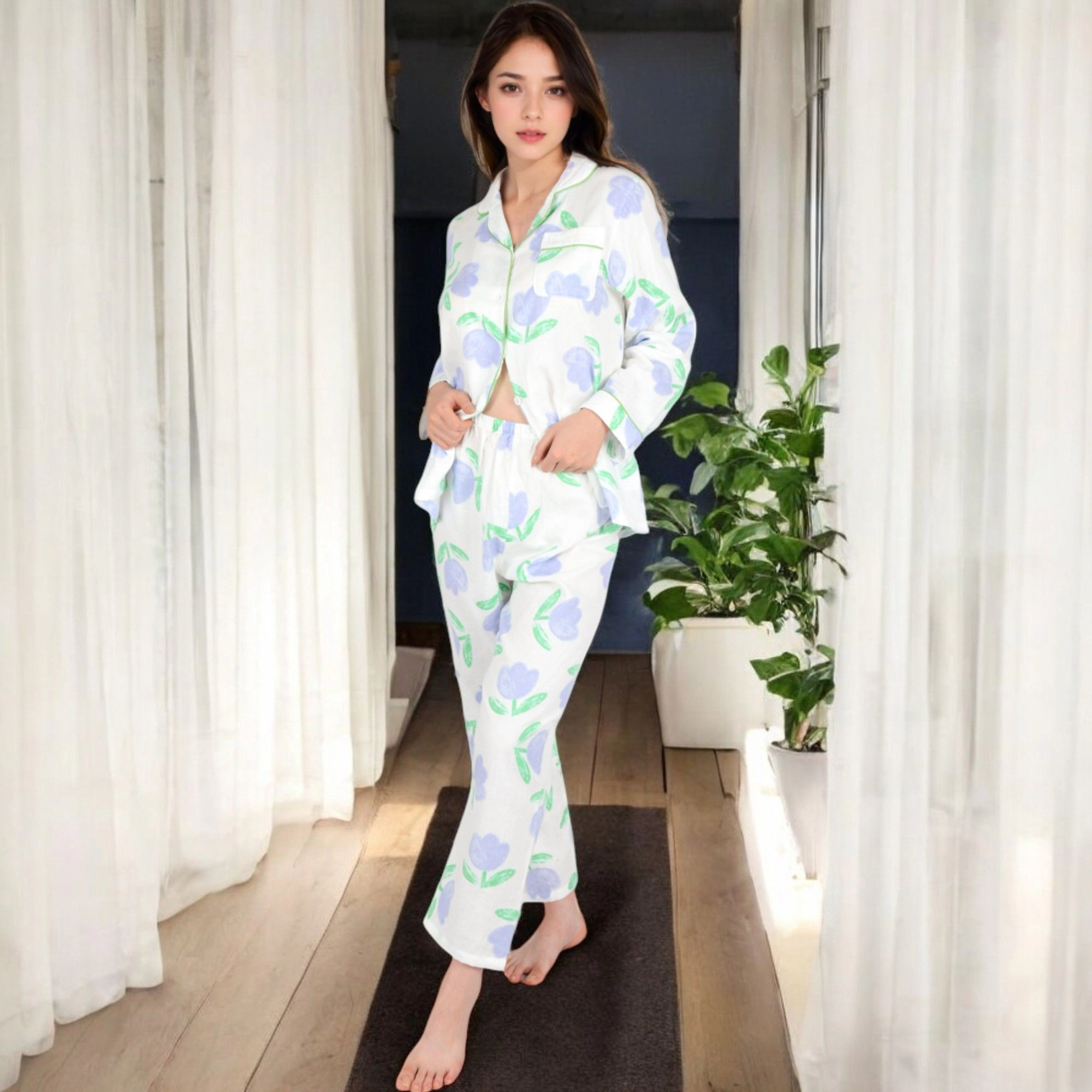 Anna-Kaci Women's Floral Print 2-Piece Pajama Set with Long Sleeve Button Up Top and Relaxed Fit Pants