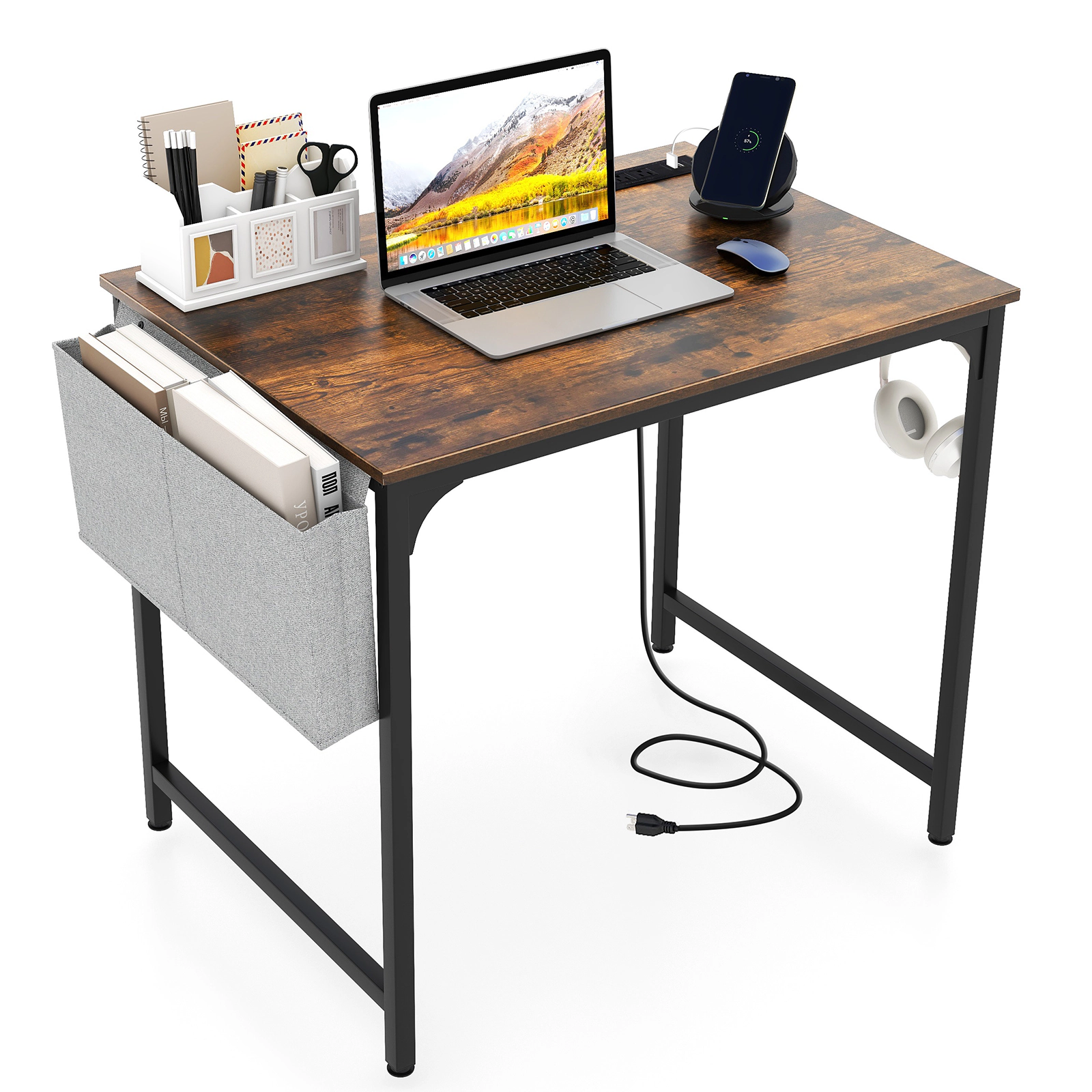 SUGIFT Rustic Brown 32-Inch Computer Desk with Charging Station, USB Port, Headphone Hook and Storage Bag