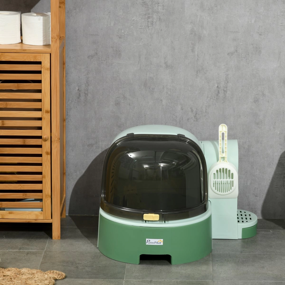212 Main PawHut Covered Cat Litter Box with Lid, Easy-Clean Openable Front Cover & Litter Scoop, Green