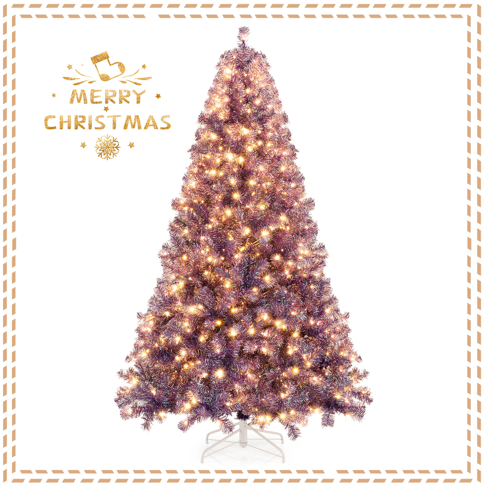 SUGIFT Pre-Lit Tinsel Artificial Christmas Tree with Warm White LED Lights Deep Purple 7.5ft