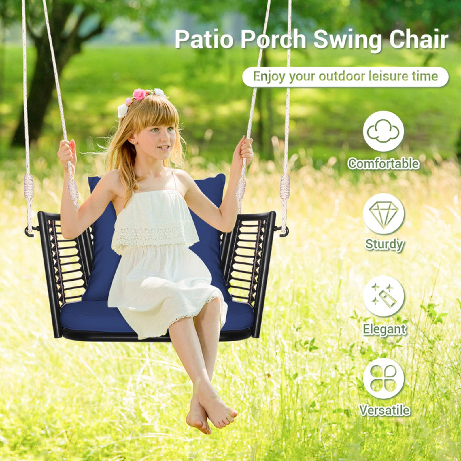 SUGIFT Single Person Hanging Seat Swing 400-lb Capacity with Seat and Back Cushions Blue