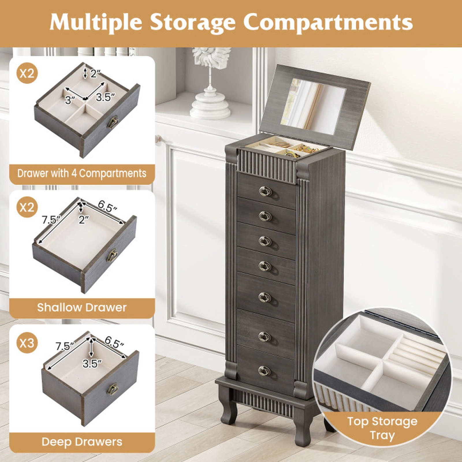 SUGIFT Gray Freestanding Jewelry Armoire with 7 Drawers, 2 Swing Doors and Mirror