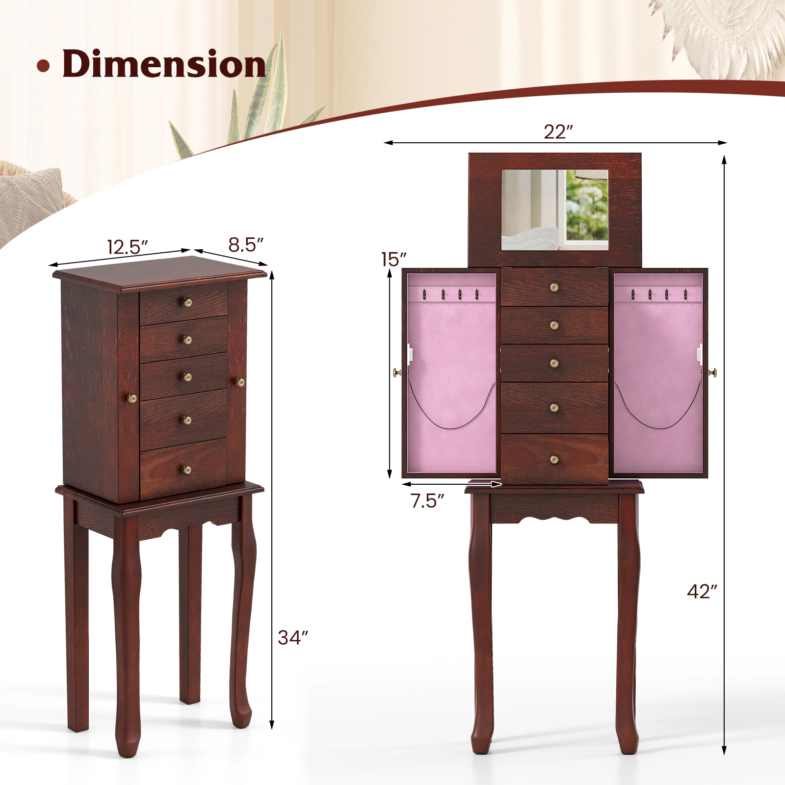SUGIFT Standing Jewelry Armoire Cabinet with Mirror and 5 Drawers 34-in Tall 2-Compartment MDF Storage Brown