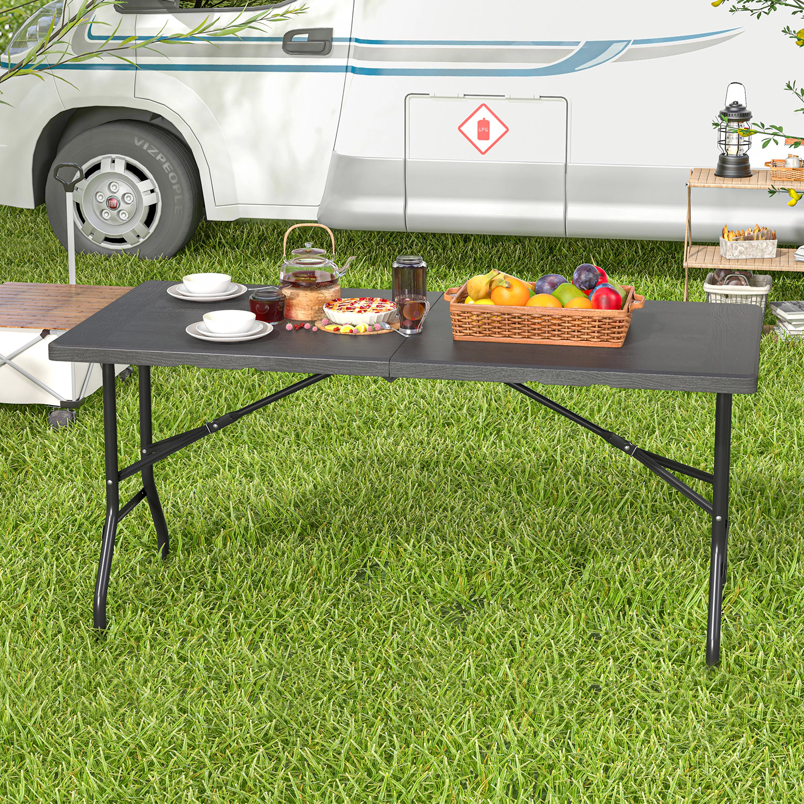 SUGIFT 5 ft Folding Picnic Table Black HDPE Wood Grain Top with Carry Handle
