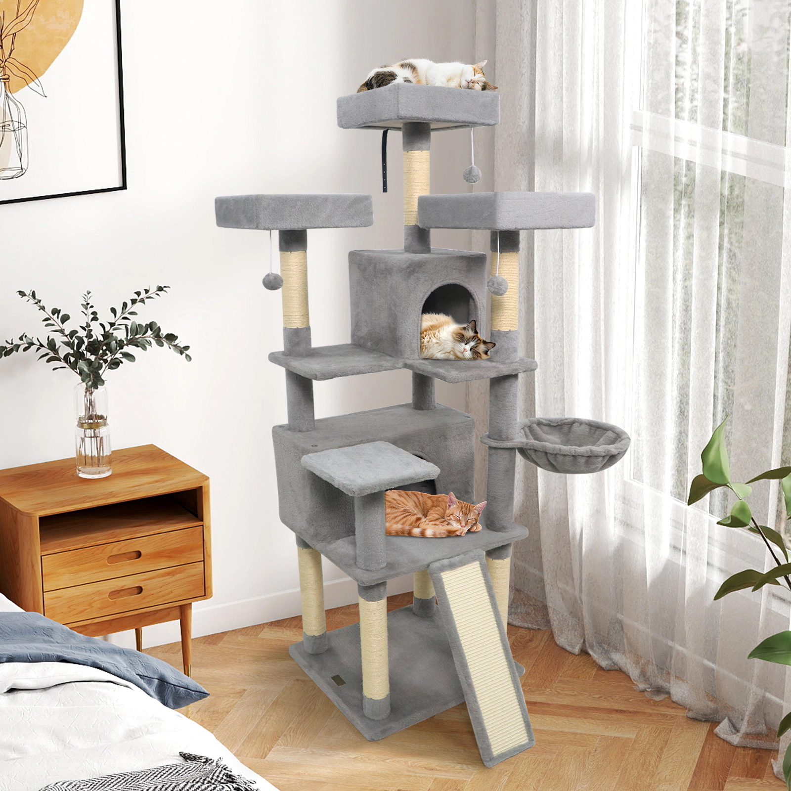 SUGIFT 65-in Tall Multi-level Cat Tree with 3 Upholstered Perches and 2 Cat Condos Light Gray