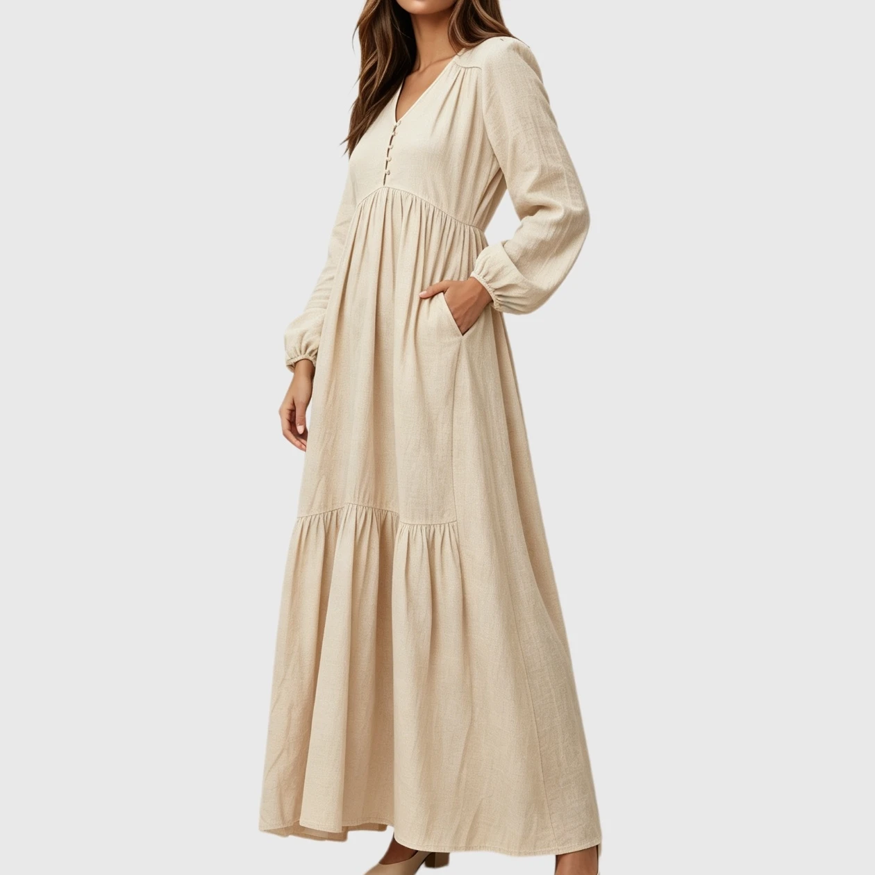 YesFashion Women's V-Neck Long Sleeve Loose Fit Flowy Boho Maxi Dress with Pockets and Buttons