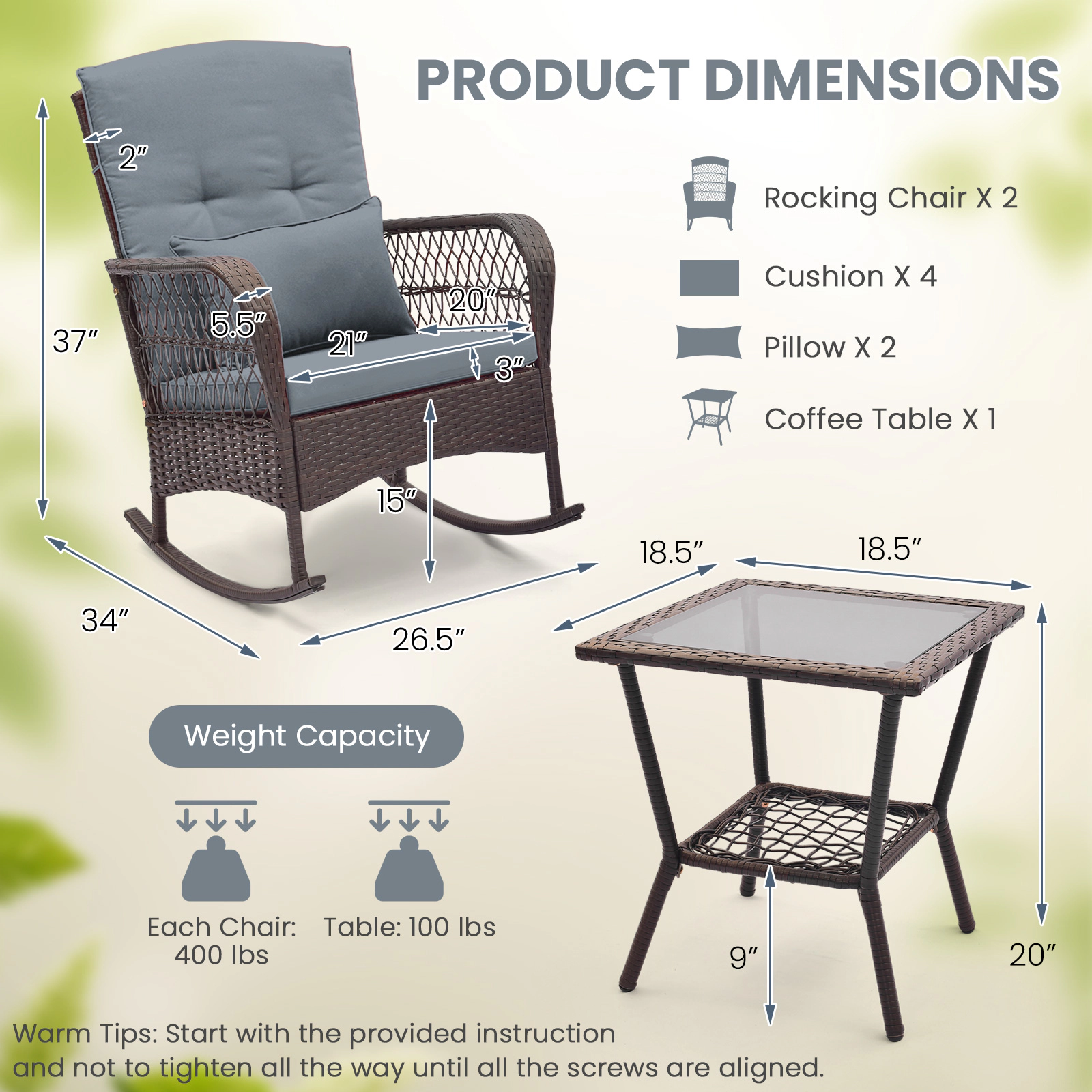 SUGIFT 3-Piece Rocking Conversation Bistro Set 2-Tier Coffee Table 440-lb Rocker Capacity Mix Brown Rattan Gray Cushions