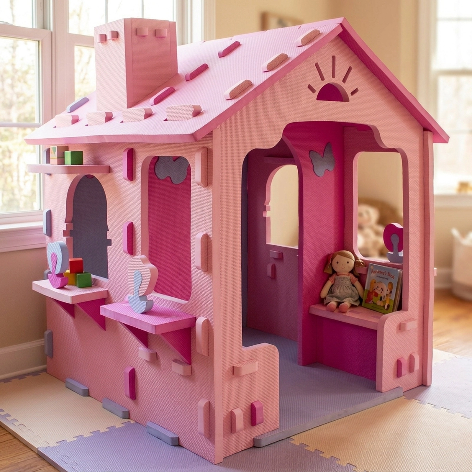 Indoor Cottage Playhouse EVA Foam Play House with Chimney 2 Storage Shelves Tool-Free Interlocking Pink + Purple