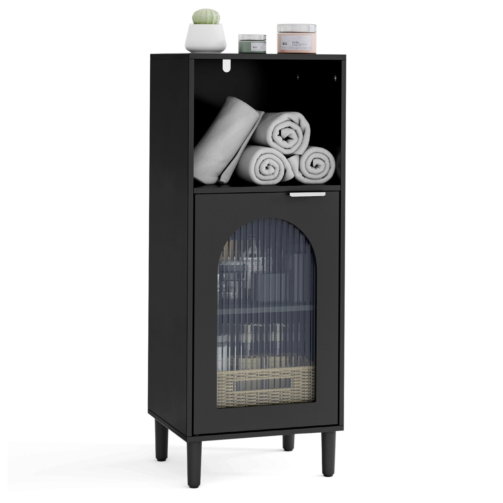 SUGIFT Black 110-lb Top Bathroom Floor Storage Cabinet with Wavy Tempered Glass Door and Adjustable Shelf
