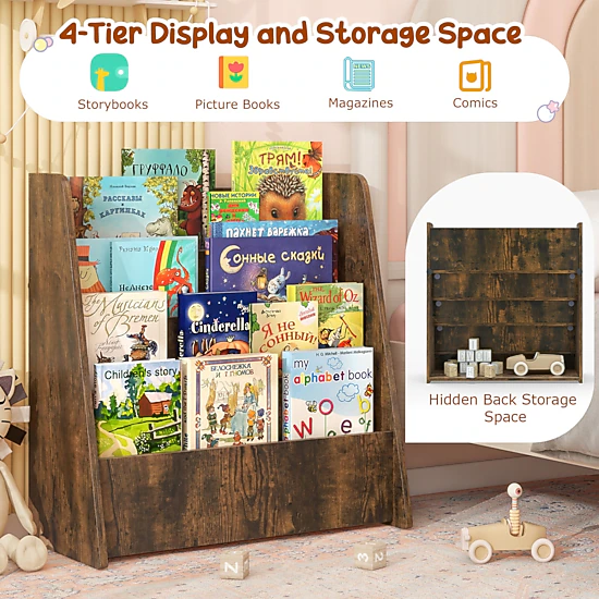 SUGIFT Kids 4-Tier Front Facing Display Shelves Faux Wood Grain Bookshelf 22.5-in x 10.5-in x 23-in Rustic Brown