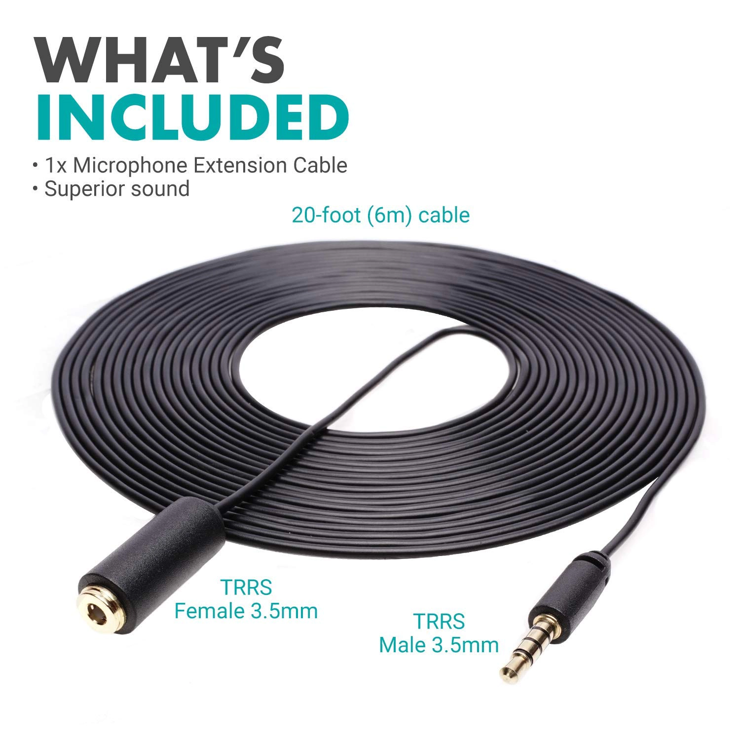 Movo PM10EC6 20-foot (6m) TRRS Female 3.5mm to TRRS Male 3.5mm Microphone Extension Cable for Smartphones