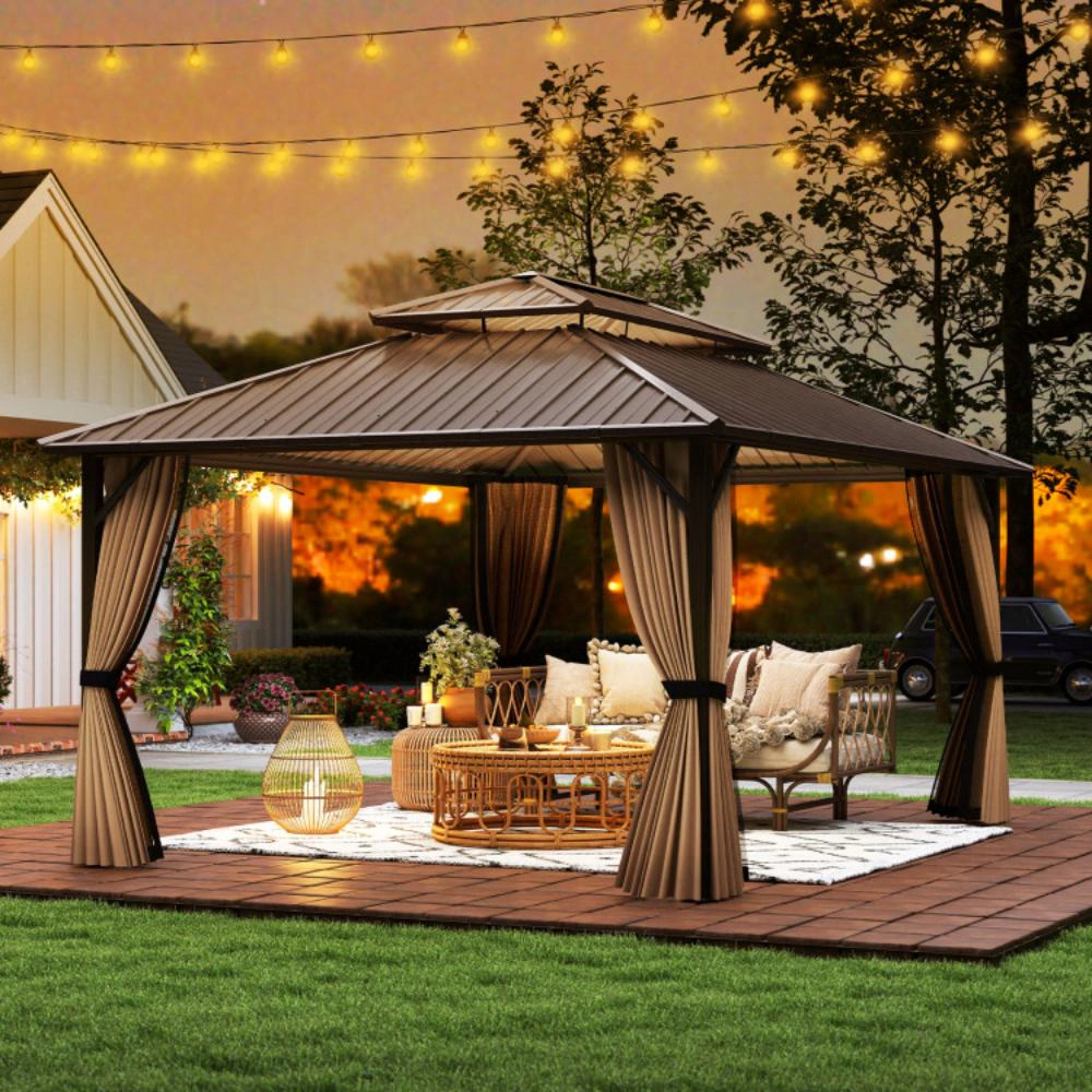 Hivvago 16 x 12 FT Hardtop Gazebo Outdoor Pergola for Patio Garden Deck Lawn Backyard Party Tent-Coffee