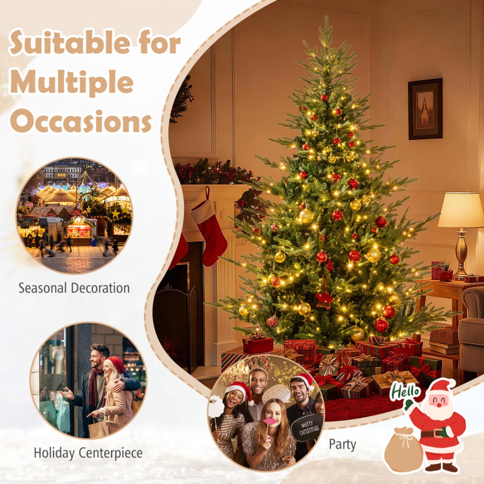 SUGIFT 7-ft Pre-Lit 8 Lighting Modes Hinged Artificial Christmas Tree 1102 Branch Tips 350 Warm White LEDs Green