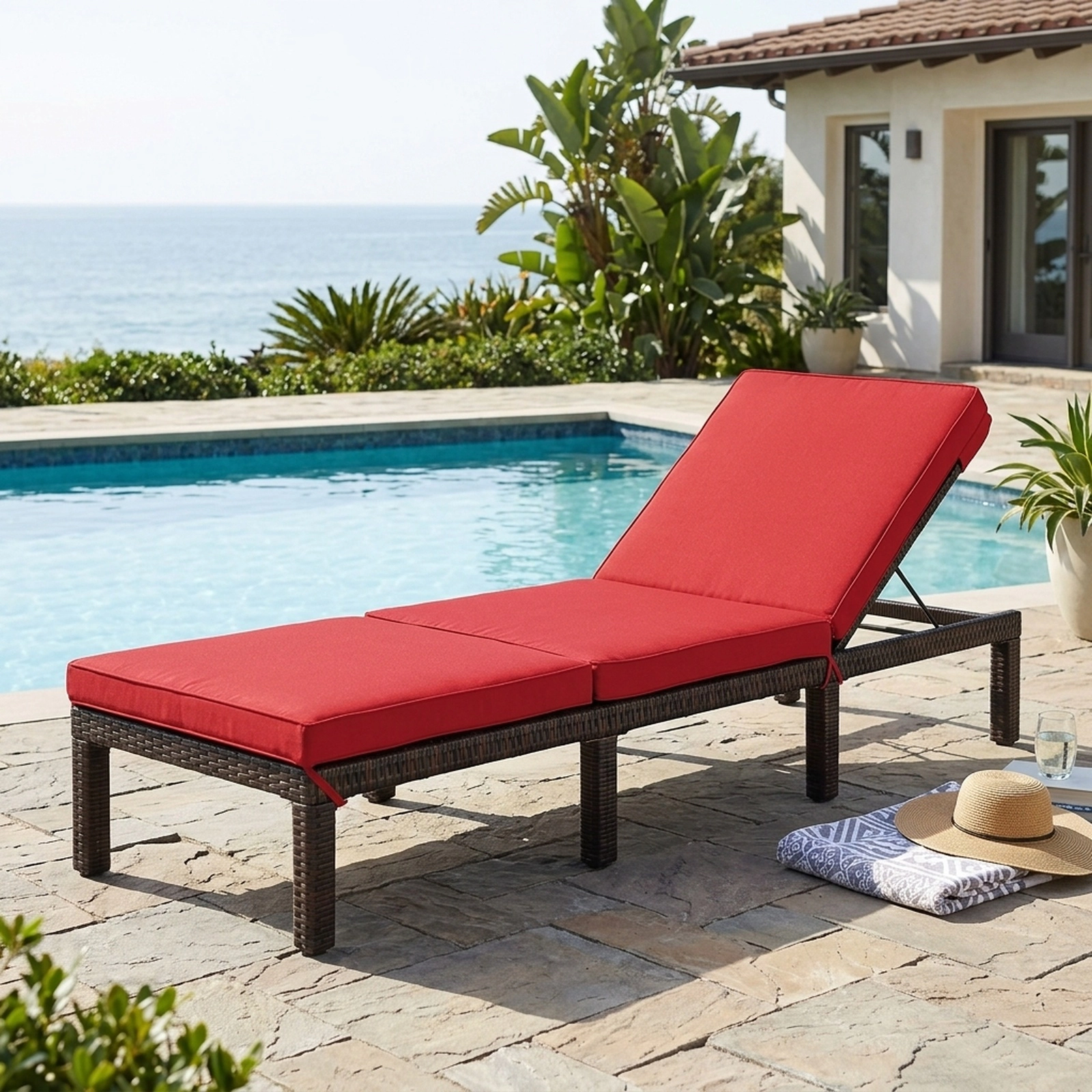 SUGIFT Red Outdoor Wicker Chaise Lounge with Cushion, 6 Reclining Positions