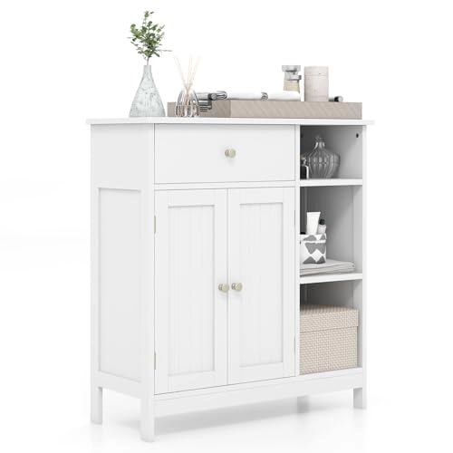 Glintex Wide Bathroom Cabinet with 250-Lb Capacity Drawer and 3 Open Bays, White