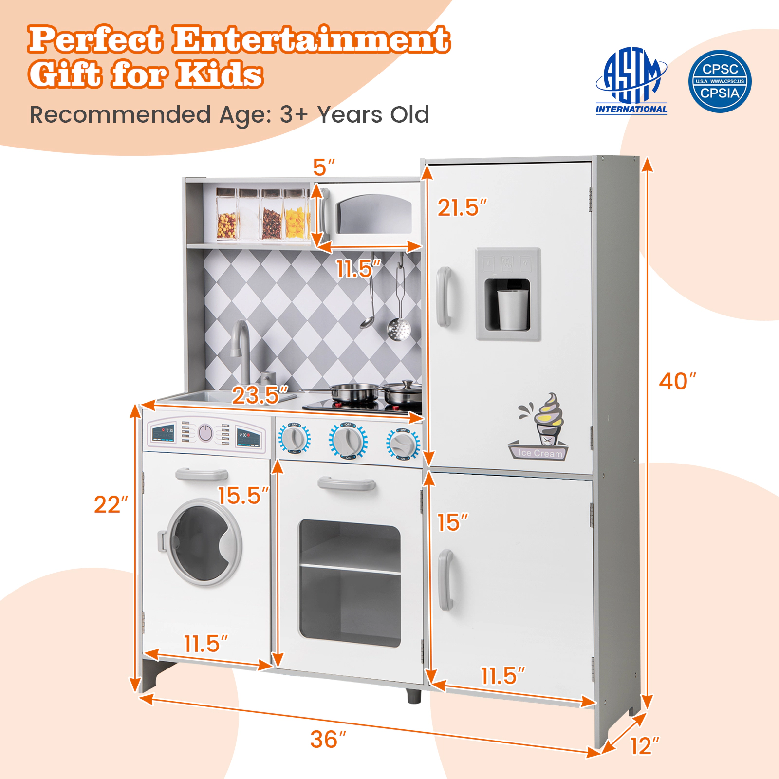 Pretend Play Kitchen for Kids with Light Up Stove Real Sounds Washing Machine and Ice Maker 36-in x 12-in x 40-in White