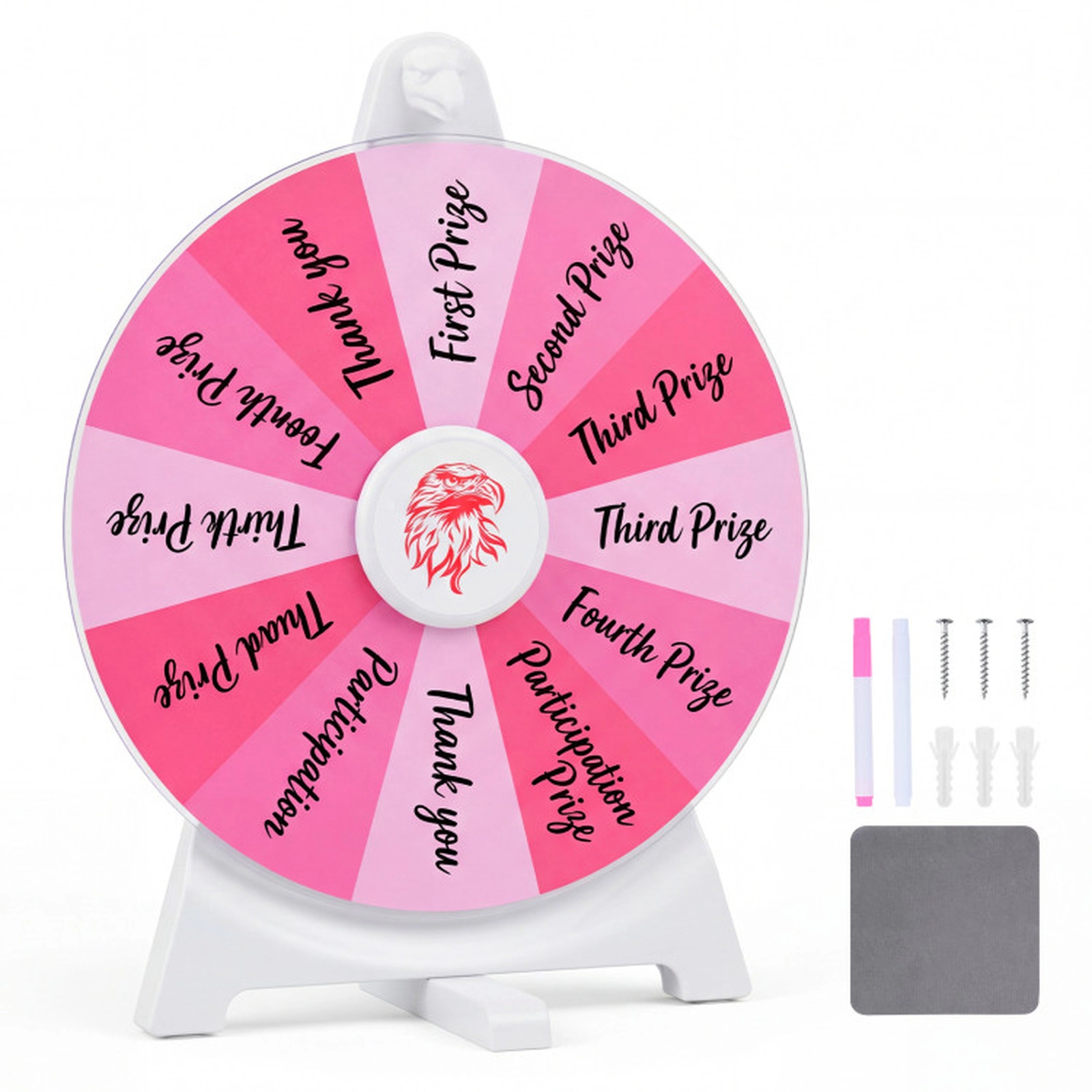 SUGIFT 12-in 14-Slot Wall Mounted Spin Prize Wheel with Swivel Base Wiping Cloth and 2 Blackboard Markers Pink