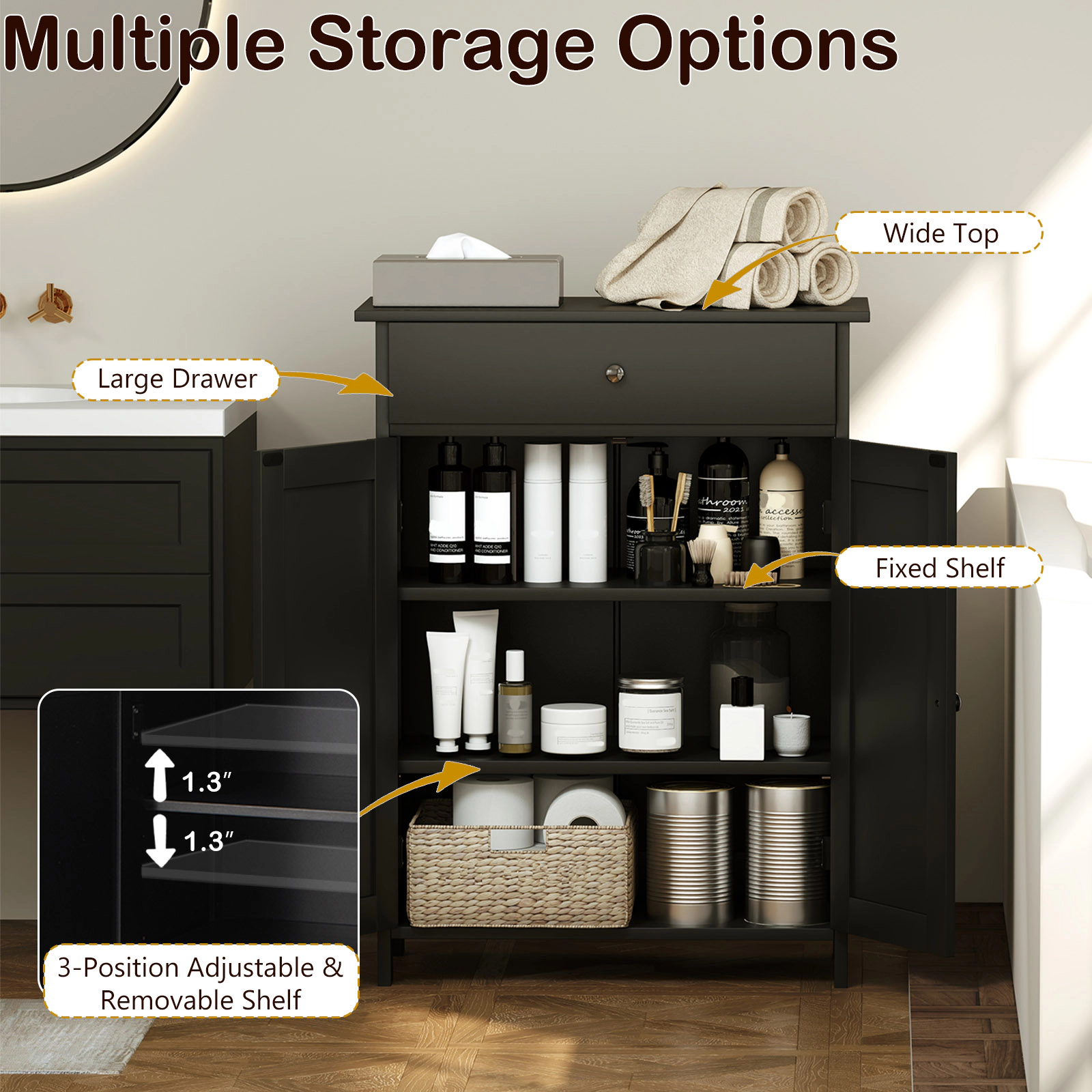 Slickblue Bathroom Floor Storage Cabinet Black MDF 2-Door Drawer Adjustable Shelf