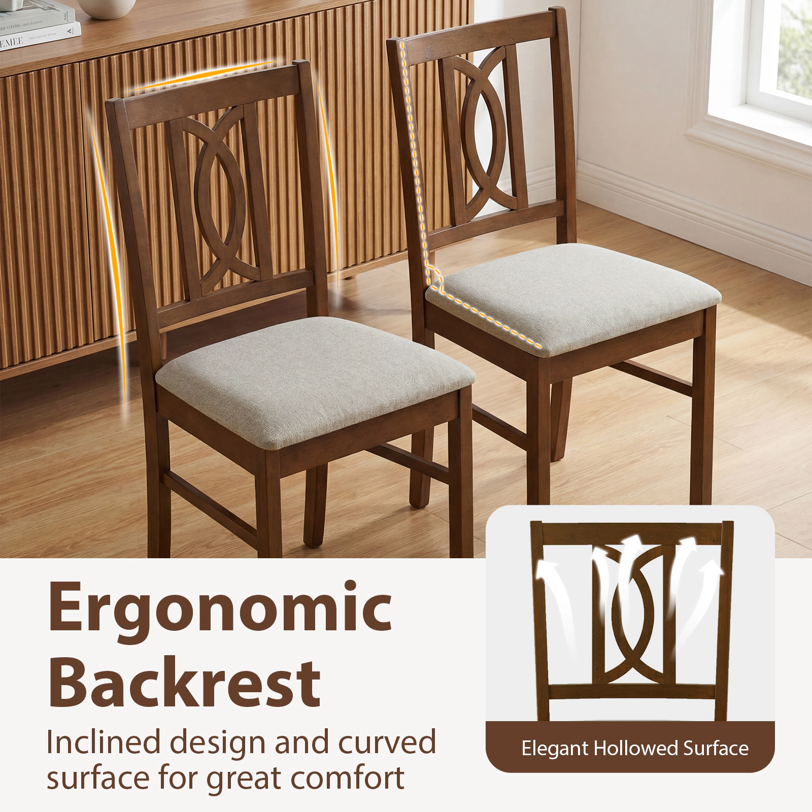 LJG Dining Chairs Set of 2 Rubber Wood Dining Room Chairs with Hollowed Backrest