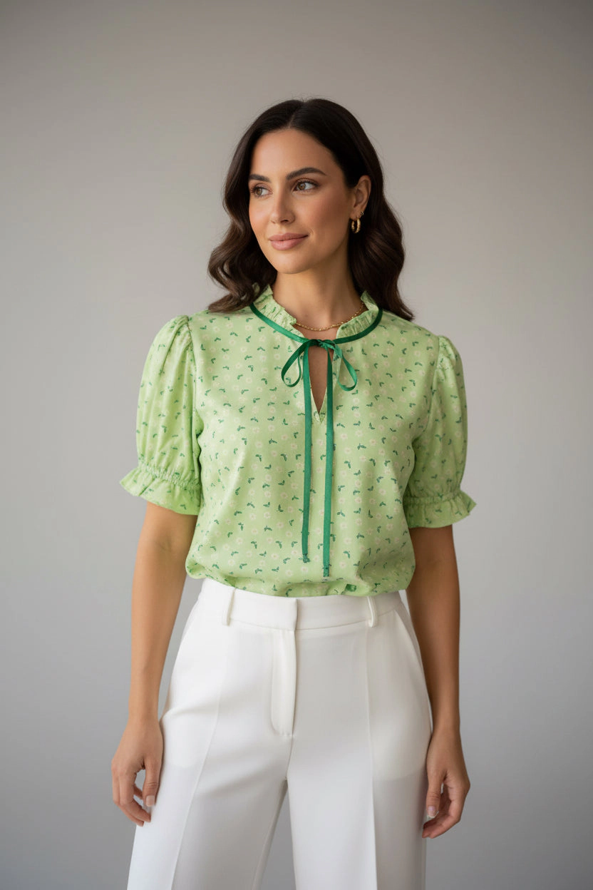 DressAtR Women's Satin Lace Ruffle Neck Puff Sleeve Green Floral Blouse